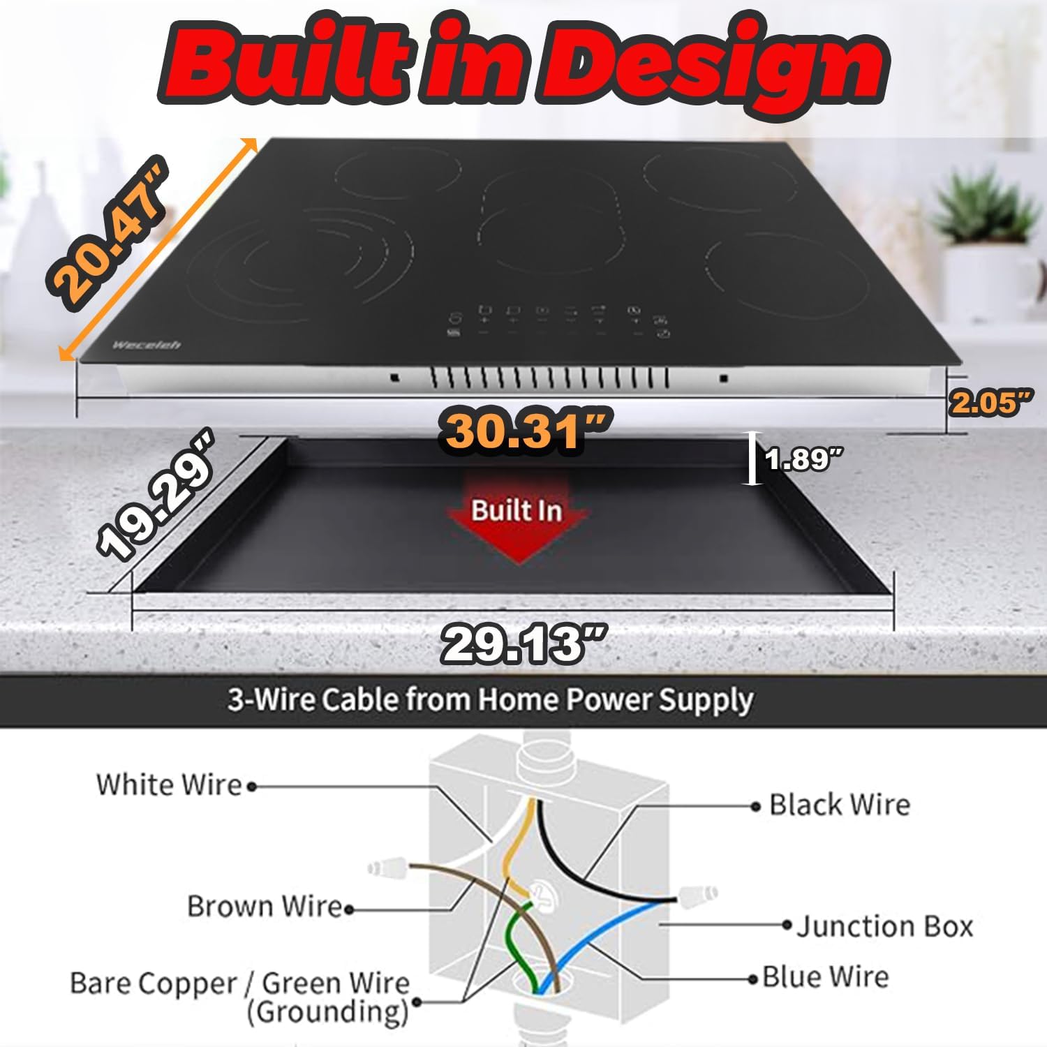 Electric Cooktop 30 Inch 5 Burners, Electric Stove Top 30 Inch, Glass Flat Top Ceramic Cooktop Stove, Built-In, Timer, Child Lock, 9 Power Levels, Black, 220-240V(No Plug), 8500W