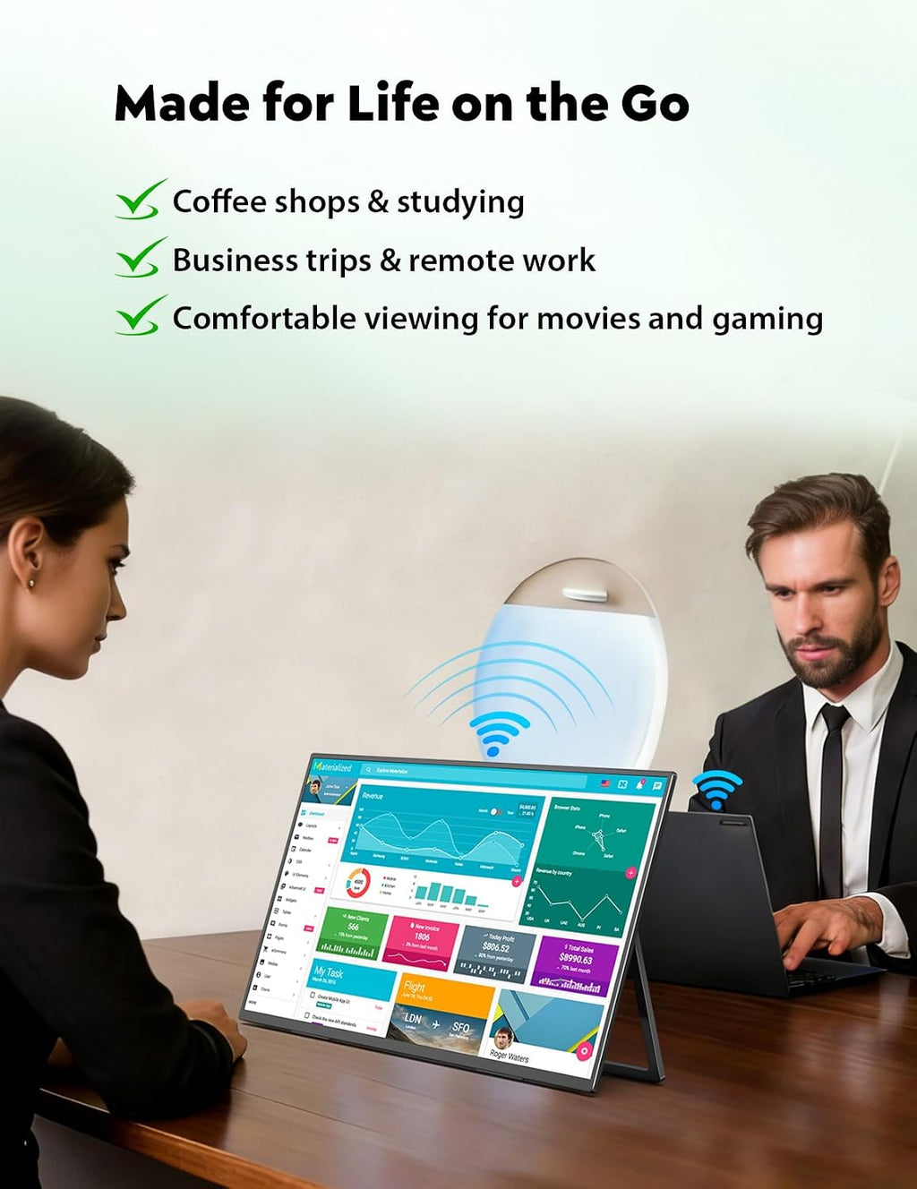 ZSCMALLS 23.8 Inch Wireless Portable Monitor with Built‑in Battery, 1080P FHD IPS Display, AirPlay & Miracast Screen Casting, No App Needed, USB‑C DP Alt Mode & HDMI, VESA