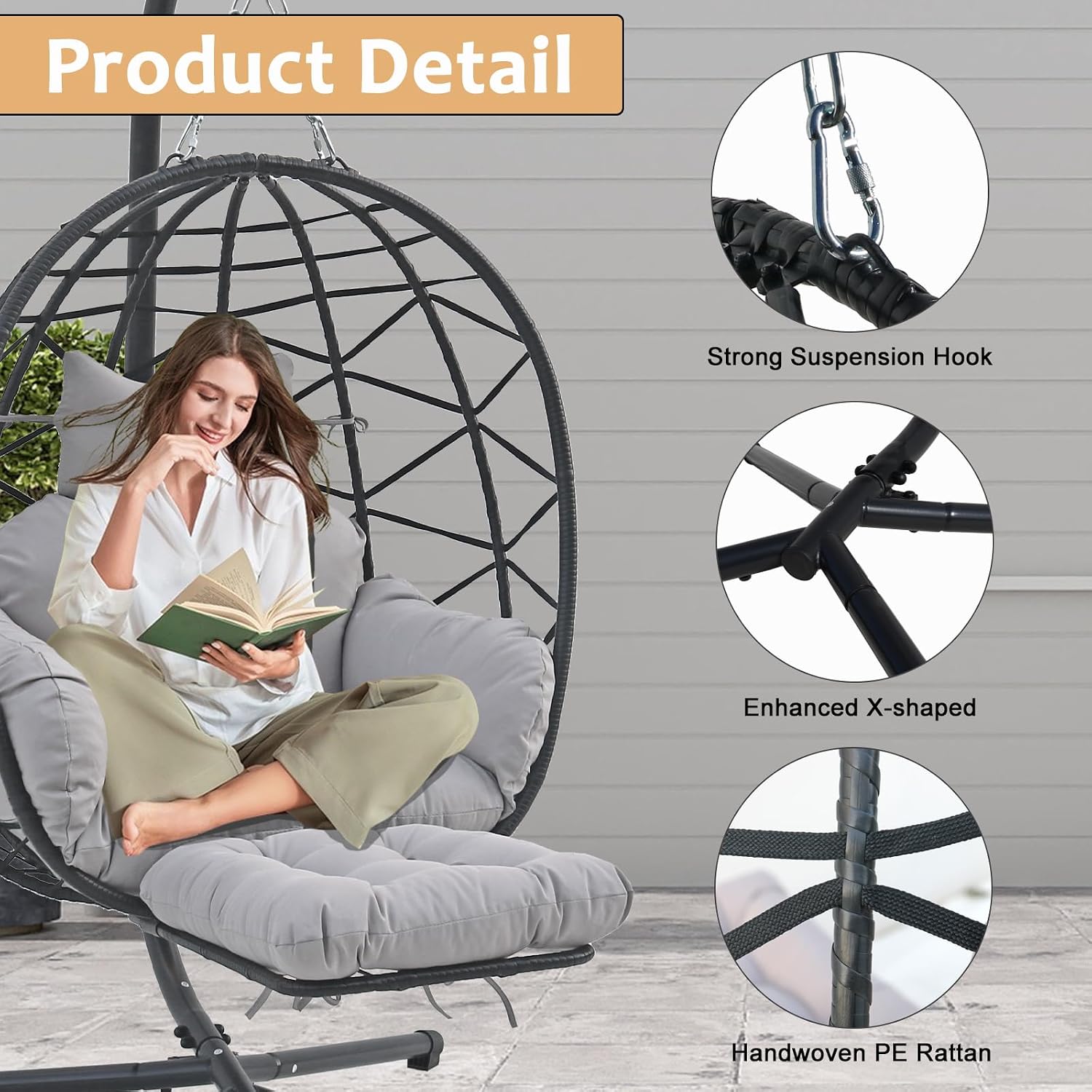 Outdoor Egg Chair with Sturdy Tripod Hammock Leg Rest and Hanging Lounge Chair Swinging Rattan Wicker Swing for Cozy Bedroom Balcony Garden Patio Porch Indoor Use (Black and Grey)