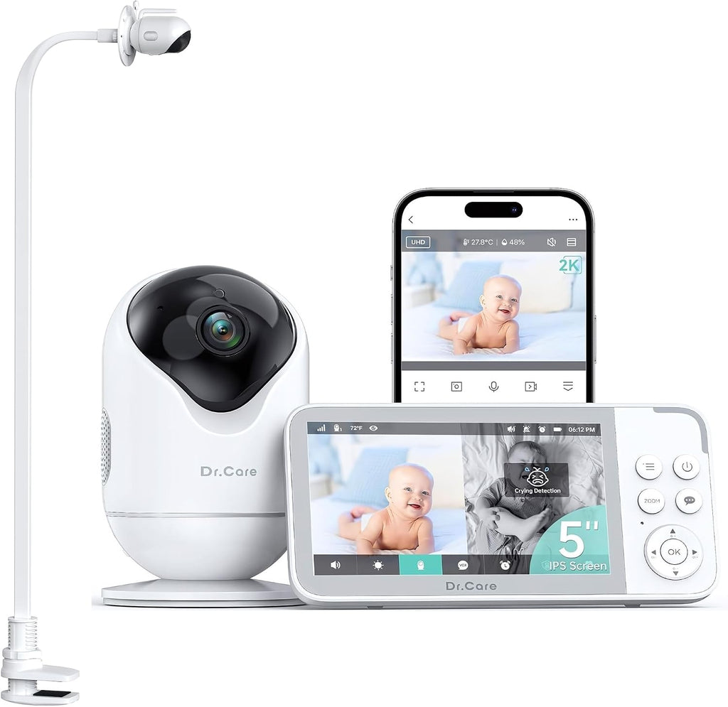 Dr.Care VistaView 5' Smart WiFi Baby Monitor with Clip Mount - 2K HD Camera, App Control, Cry & Motion Alerts, Night Vision, 5000mAh Battery, 2-Way Talk, Multi-User, Triple Security
