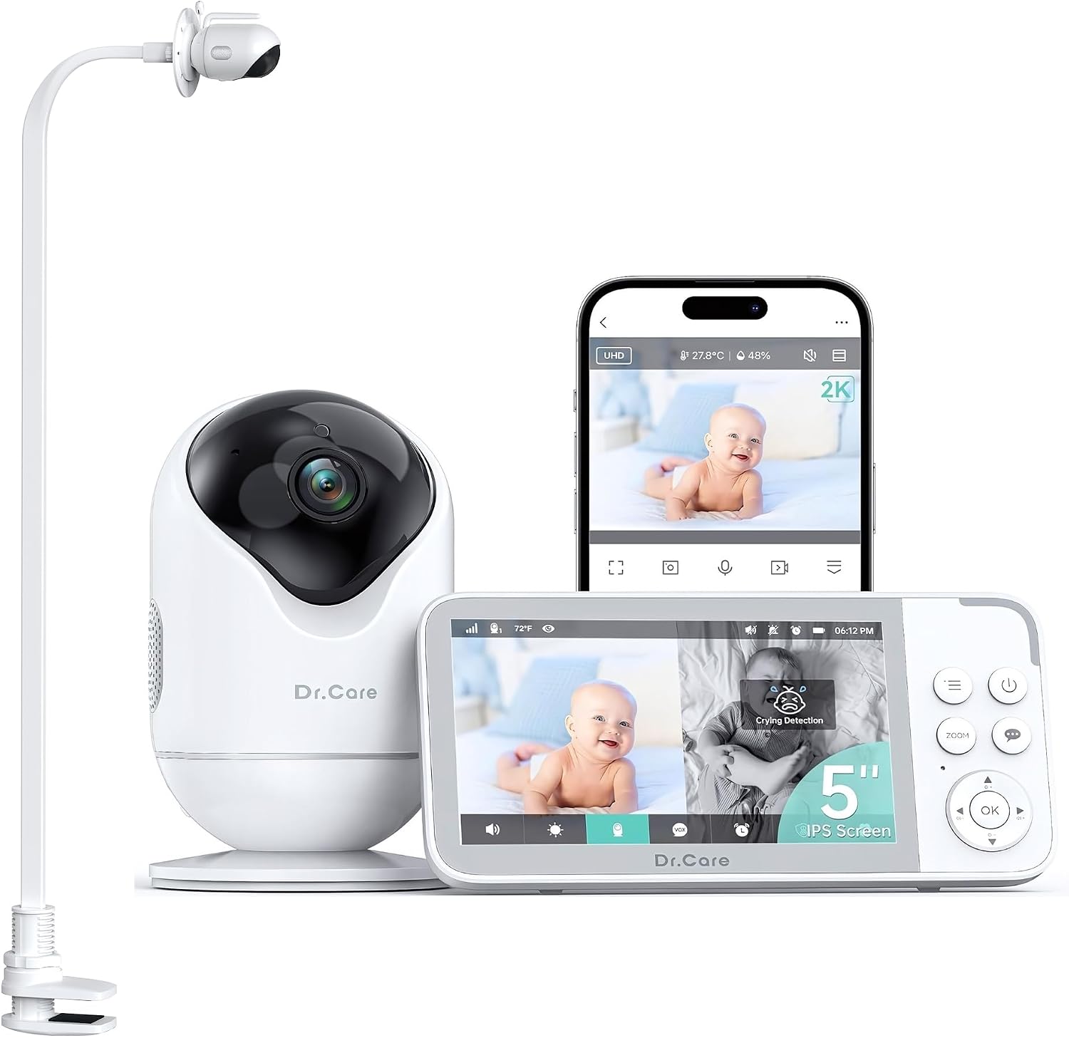Dr.Care VistaView 5' Smart WiFi Baby Monitor with Clip Mount - 2K HD Camera, App Control, Cry & Motion Alerts, Night Vision, 5000mAh Battery, 2-Way Talk, Multi-User, Triple Security