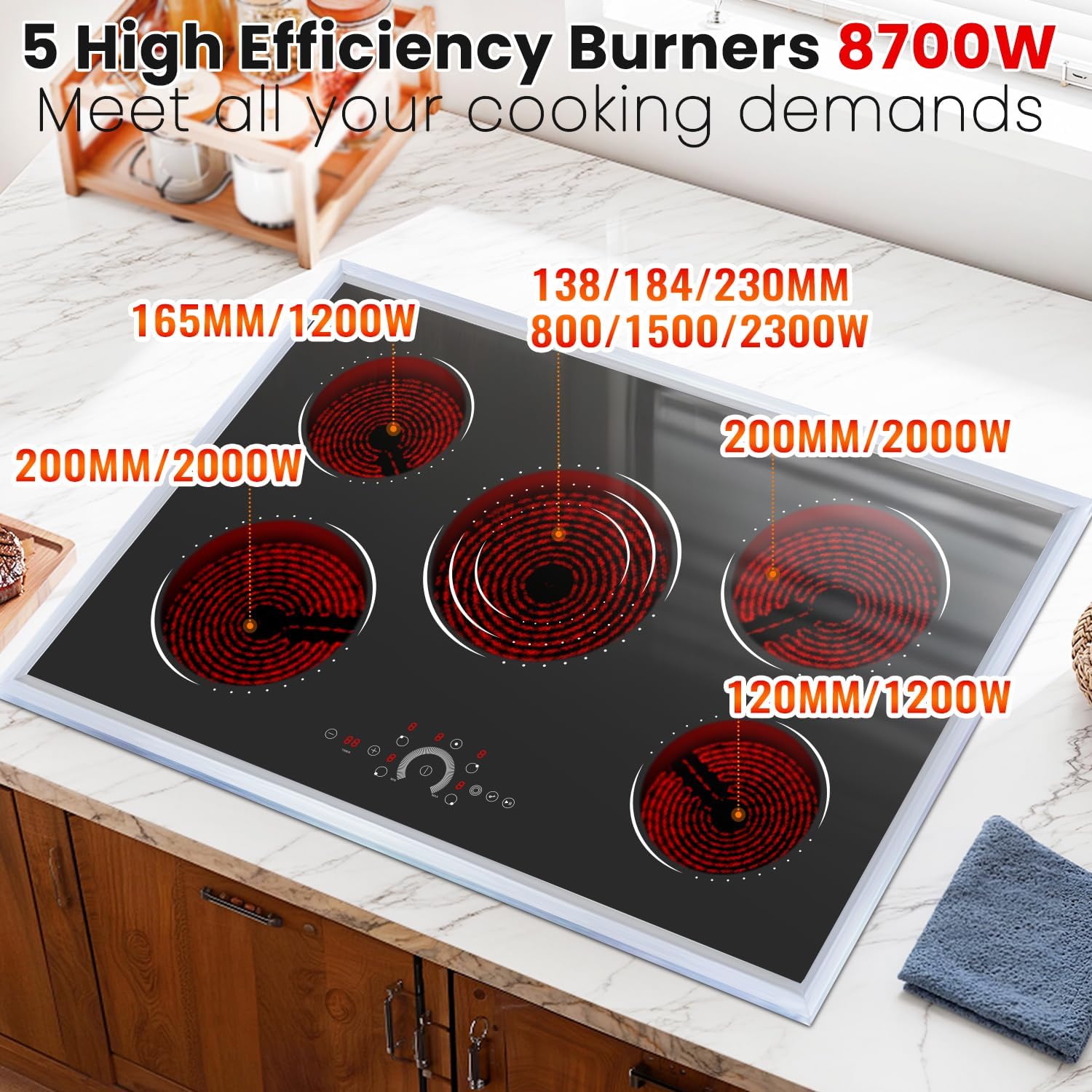 Hobsir 30 Inch Electric Cooktop, Electric Stove Top Burner, 5 Burner 30 Cooktop, Built-in Circular Slide Ceramic Stove with Glass Metal Frame, Timer, Safety Lock, 8700W, 220V-240V Hard Wire (No Plug)