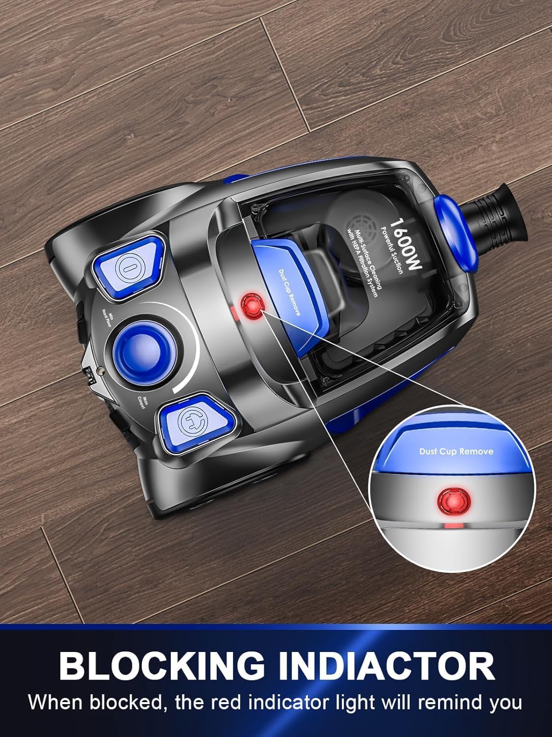 Canister Vacuum Cleaner, 40Kpa 1600W Cyclon Power Bagless Canister Vacuum Cleaners for Home, 3.7QT Large Dust Cup, Lightweight Vac for Hard Floors, Carpets, Pet Hair, Blue