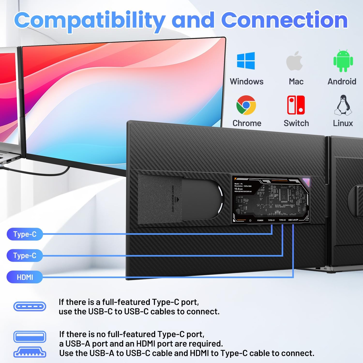 Teamgee 15.6' Laptop Screen Extender, Slim & Lightweight Portable Monitor for Laptop, Full HD IPS, 360° Rotating Stand, Detachable, USB-C Plug & Play, RGB Lighting, Thin Bezels