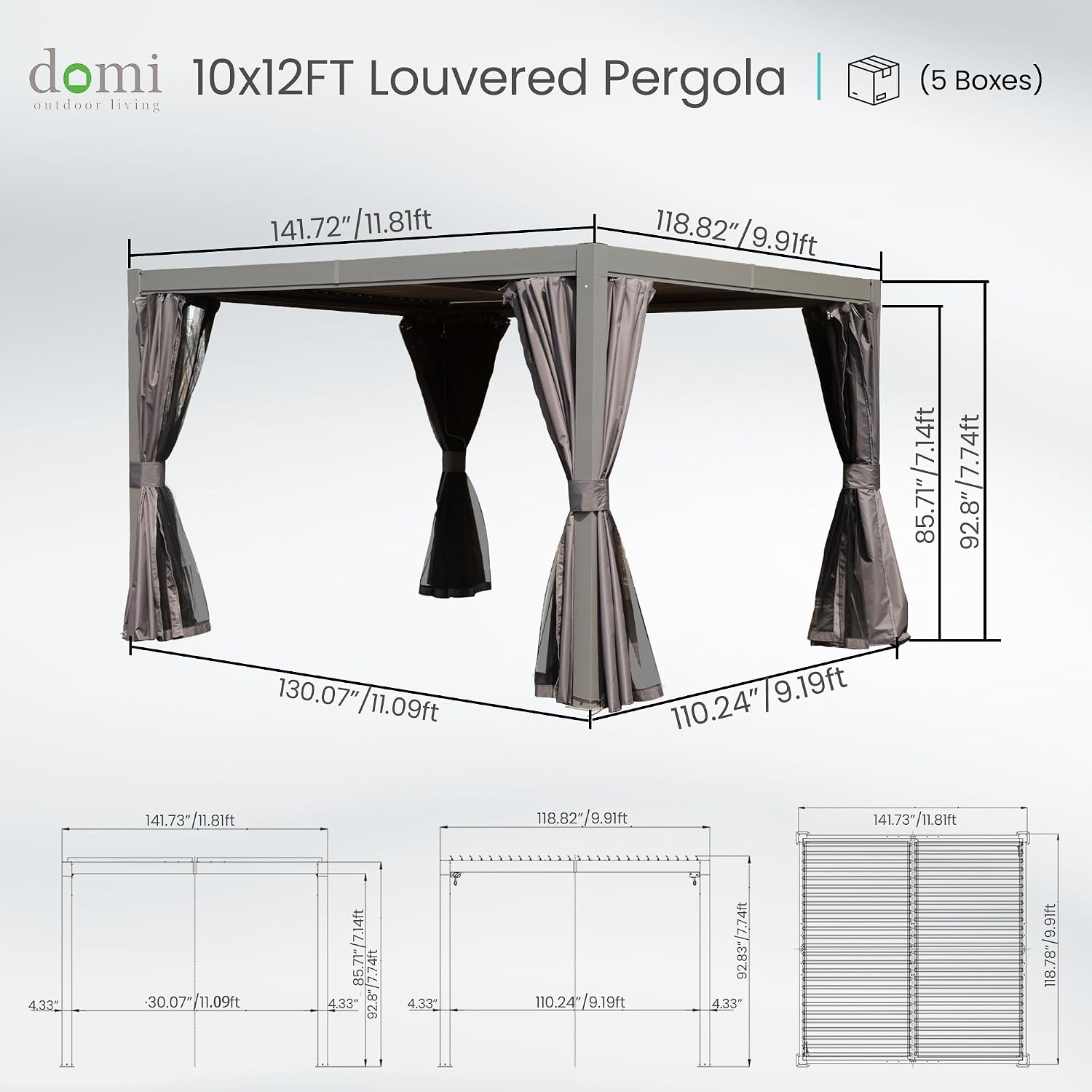 Domi Outdoor Pergola 10' x 12', Aluminum Louvered Pergola with Adjustable Louvers, Full Aluminum Frame, Built-in Gutter System, Modern Patio Gazebo for Deck Garden Patio, Gray