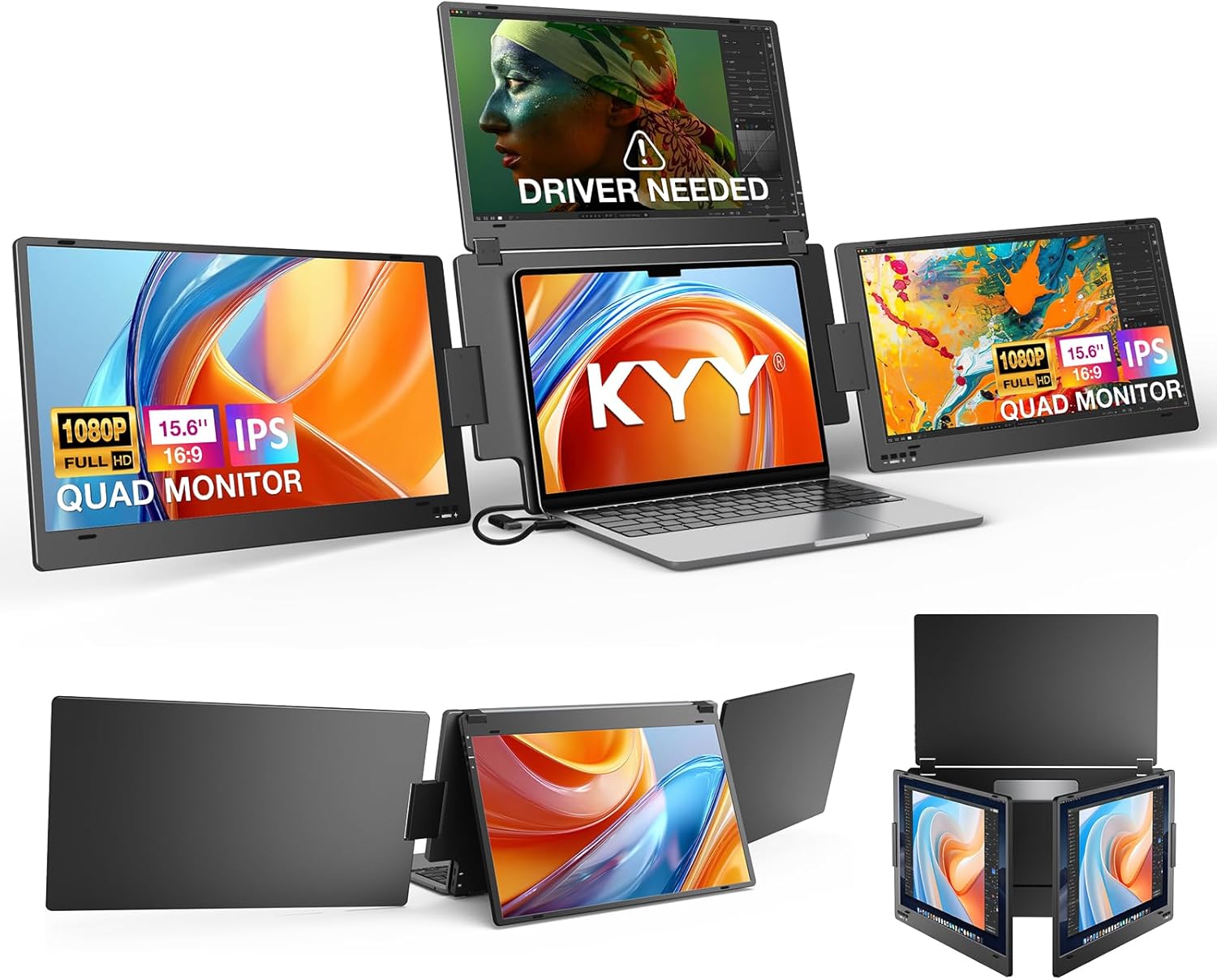 Triple Screen Laptop Monitor Extender, Quad Monitor 15.6' FHD 1080P Portable Triple Monitors, 1 USB-C Connection for 4 Screens, Integrated Aluminum Alloy, Auto Rotation Top Display for 12–17.3' Laptop