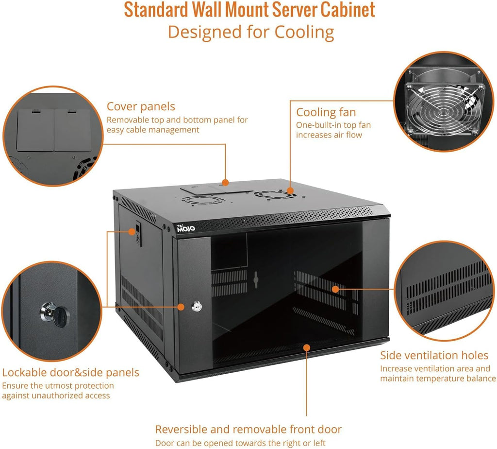Tecmojo 6U Wall Mount Server Cabinet IT Network Rack Enclosure Lockable Door and Side Panels Black, Cooling Fan, Standard Glass Door, 450mm Depth, for 19' IT Equipment, A/V Devices