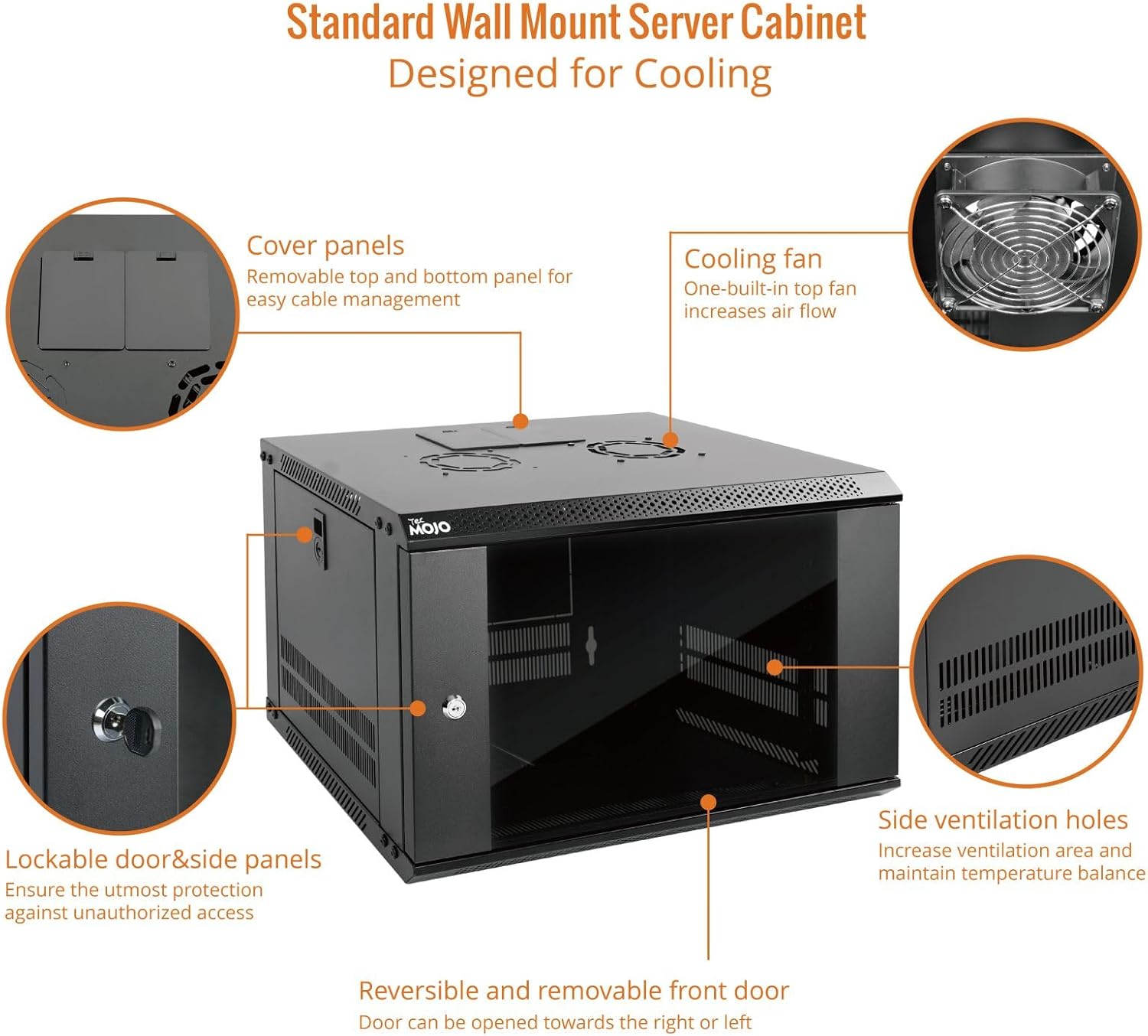 Tecmojo 6U Wall Mount Server Cabinet IT Network Rack Enclosure Lockable Door and Side Panels Black, Cooling Fan, Standard Glass Door, 450mm Depth, for 19' IT Equipment, A/V Devices