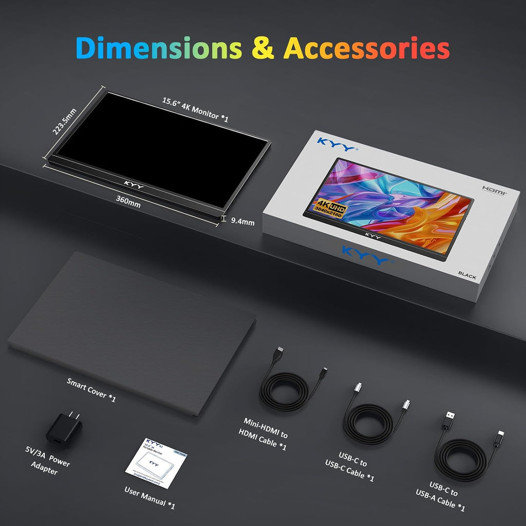 KYY 4K Portable Monitor for Laptop, 15.6'' Computer Screen Extender UHD 3840x2160,100% sRGB, 400 Nits, IPS Travel Monitor w/Speakers & Smart Cover for Laptop Xbox PS5 Switch PC Phone, VESA Compatible