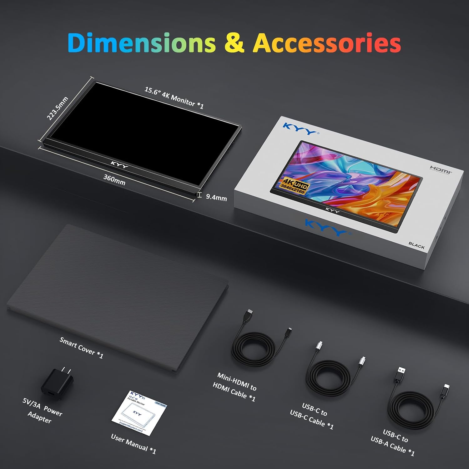KYY 4K Portable Monitor for Laptop, 15.6'' Computer Screen Extender UHD 3840x2160,100% sRGB, 400 Nits, IPS Travel Monitor w/Speakers & Smart Cover for Laptop Xbox PS5 Switch PC Phone, VESA Compatible