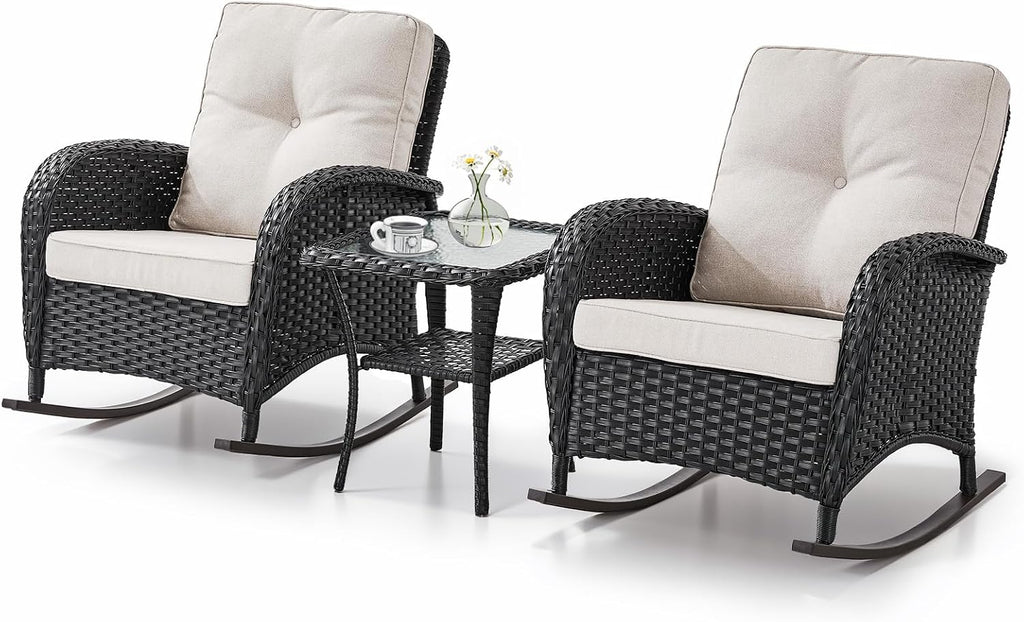 Belord Patio Rocking Chairs Wicker Set - Outdoor Rocking Chairs Set of 2 with Side Table, 3 Piece Patio Rocker Furniture Set with Water-Resistant Cushions for Porch Balcony Backyard Black