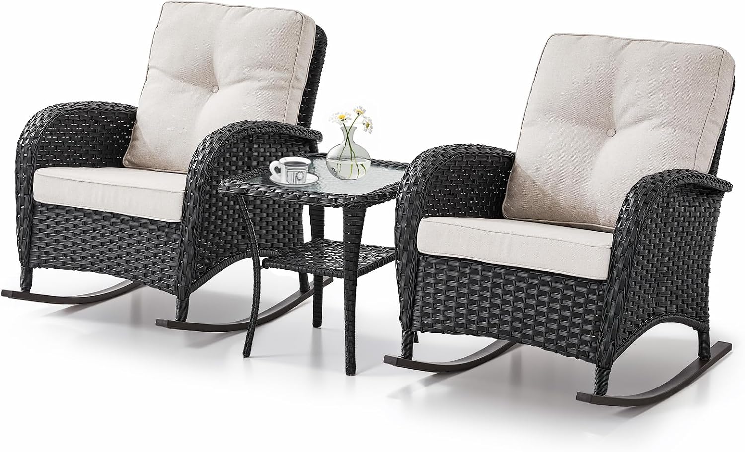 Belord Patio Rocking Chairs Wicker Set - Outdoor Rocking Chairs Set of 2 with Side Table, 3 Piece Patio Rocker Furniture Set with Water-Resistant Cushions for Porch Balcony Backyard Black