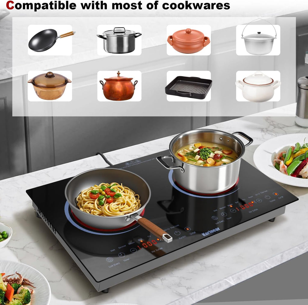 Karinear 2 Burners Electric Cooktop 24 Inch, 110v~120v Countertop and Built-in Elecric Stove Top, Portable Electric Radiant with Outlet Plug, Sensor Touch, Child Safety Lock, Timer(Blue)