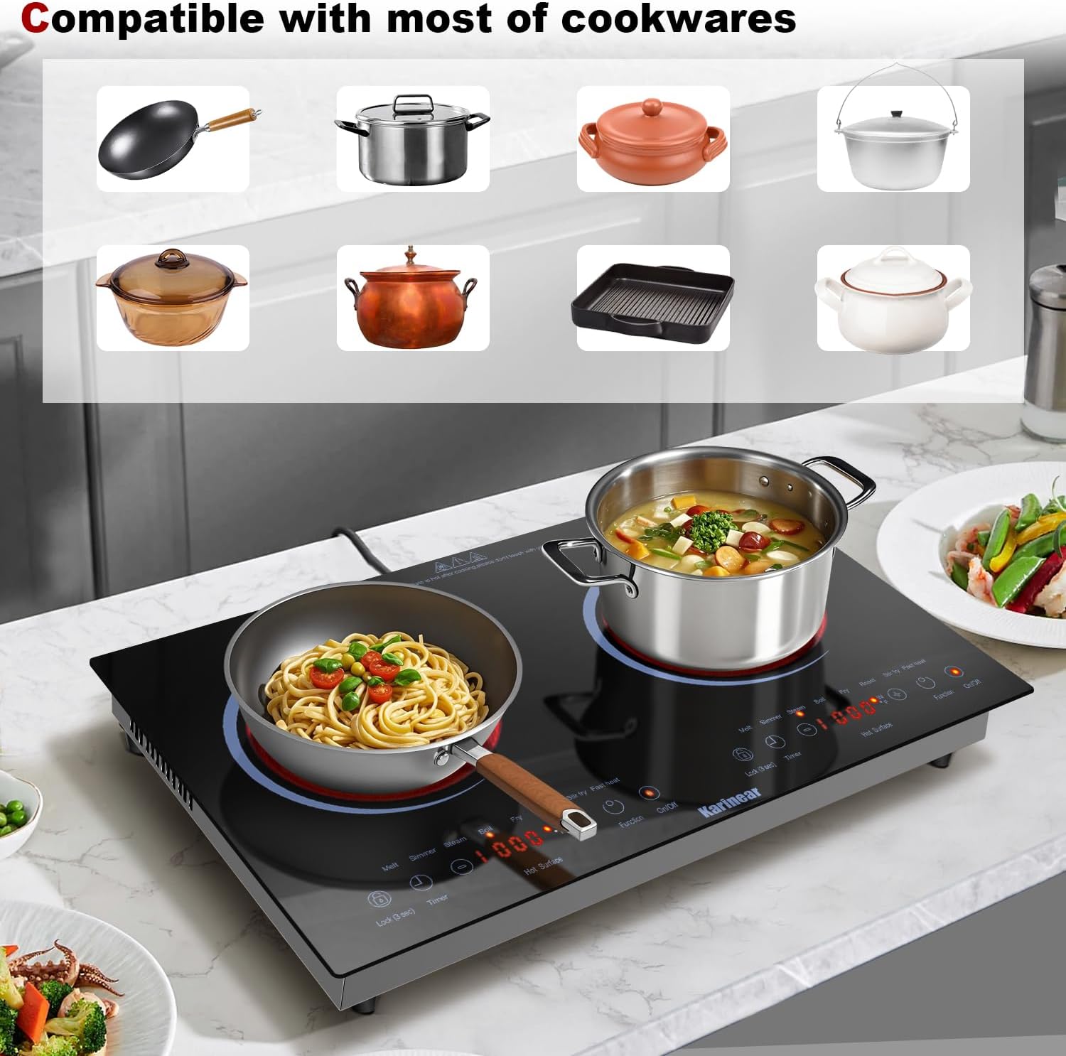 Karinear 2 Burners Electric Cooktop 24 Inch, 110v~120v Countertop and Built-in Elecric Stove Top, Portable Electric Radiant with Outlet Plug, Sensor Touch, Child Safety Lock, Timer(Blue)