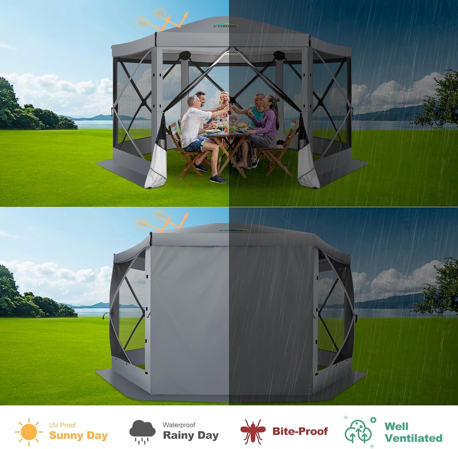 COBIZI 12x12 FT Pop Up Canopy Extendable Tent, Gazebos On Clearance With Removable Roof, Screened In Gazebo,Screen Tents Portable carpas para patio for Outdoor Camping,Backyard, Garden, Grey(Upgraded)