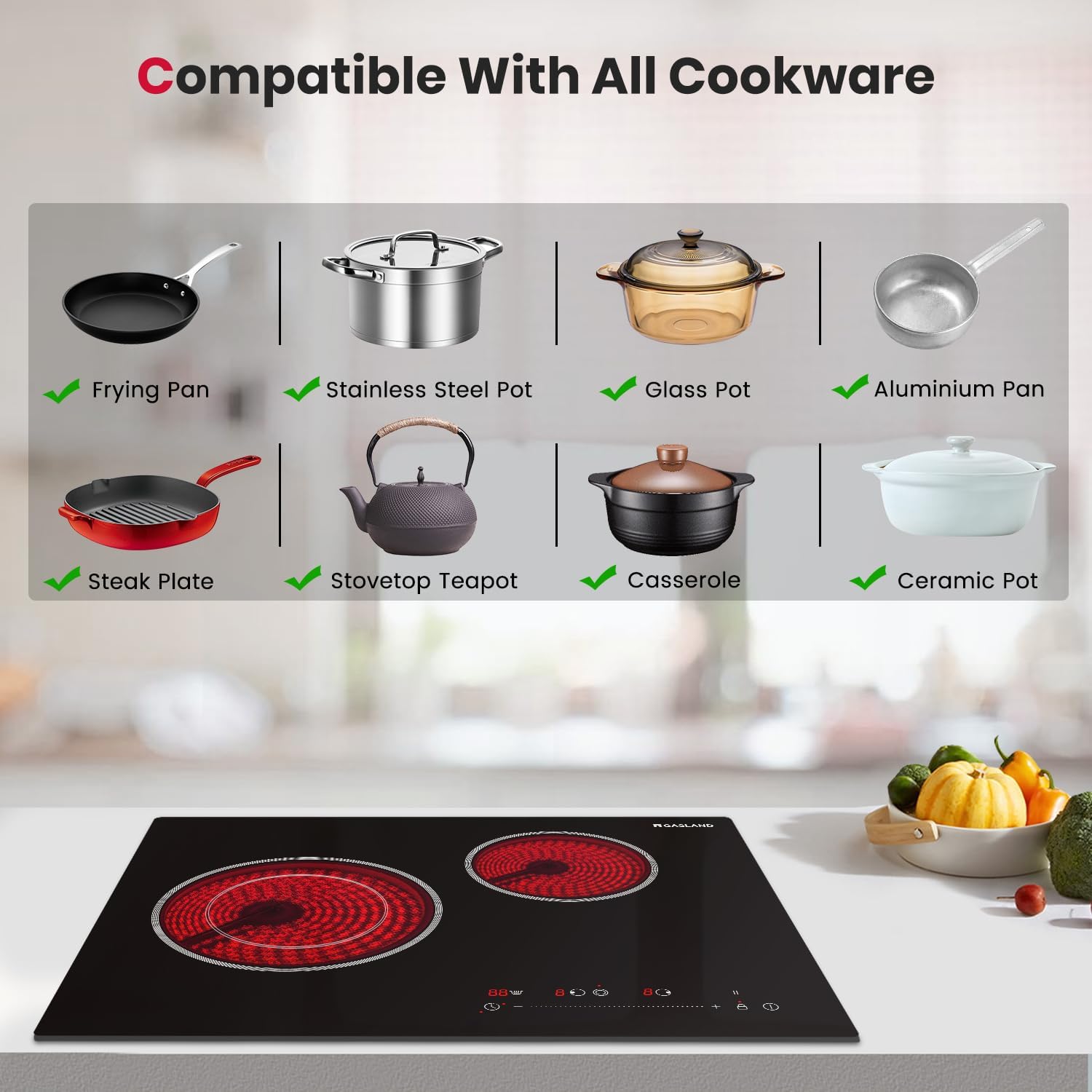 GASLAND Electric Cooktop 21 Inch, ETL Certificated 2 Burners, 3700W Built-in Radiant Stove Top With 16 Power Levels, 240V Ceramic Stovetop for Apartment, Slide Touch Control