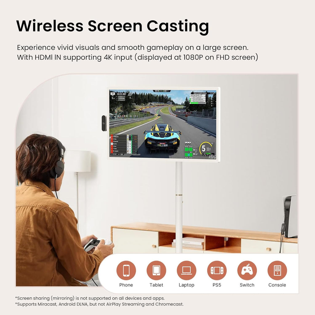 ApoloSign 24 Inch FHD Smart Portable TV 2nd Gen, 16(8+8) GB RAM+128GB, Android 16, EDLA-Certified, Rolling Tablet TV on Wheels, Built-in 5200mAh Battery, Full Swivel Rotation, Voice Remote Control