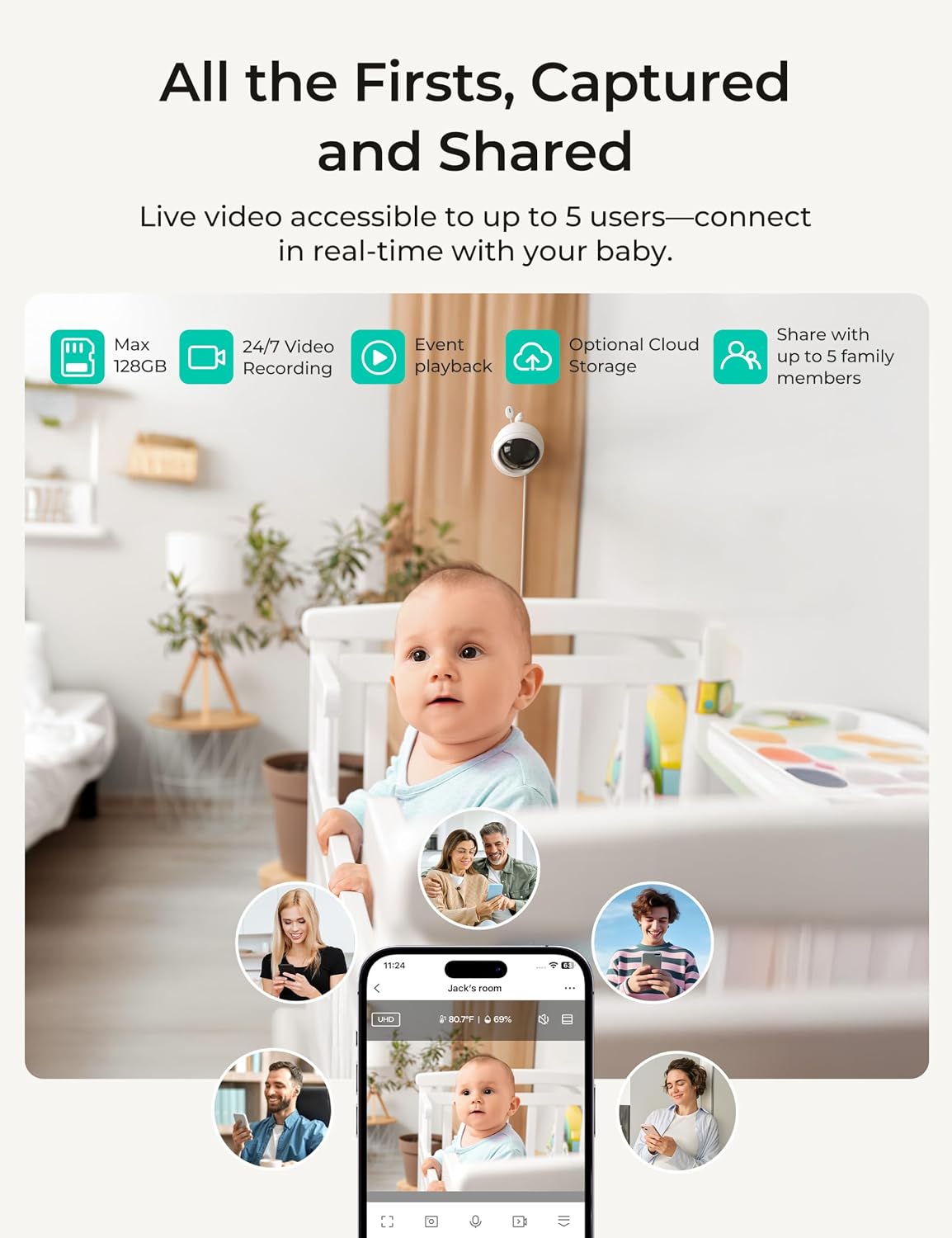 Dr.Care VistaView Lite RB Smart WiFi Baby Monitor with 2 Cameras - 4' 720P Split Screen & 1080P Camera App Control, Motion Alerts, 2500mAh Removable Battery, Night Vision, 2-Way Talk, Multi-User