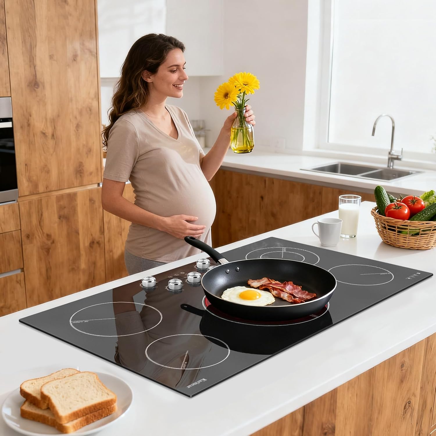 Karinear 36 inch Electric Cooktop, 5 Burner Radiant Cooktop with Knob & Touch Control, 9200W 240V Built-in Stove Top, 9 Power Levels, Timer, Child Lock, Pause, Residual Heat Indicator(Sliver Knob)
