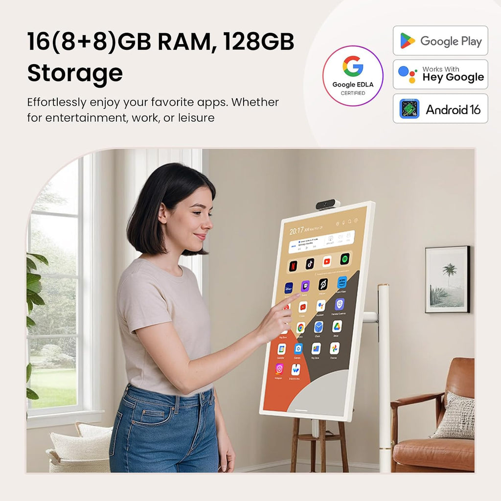 ApoloSign 24 Inch FHD Smart Portable TV 2nd Gen, 16(8+8) GB RAM+128GB, Android 16, EDLA-Certified, Rolling Tablet TV on Wheels, Built-in 5200mAh Battery, Full Swivel Rotation, Voice Remote Control
