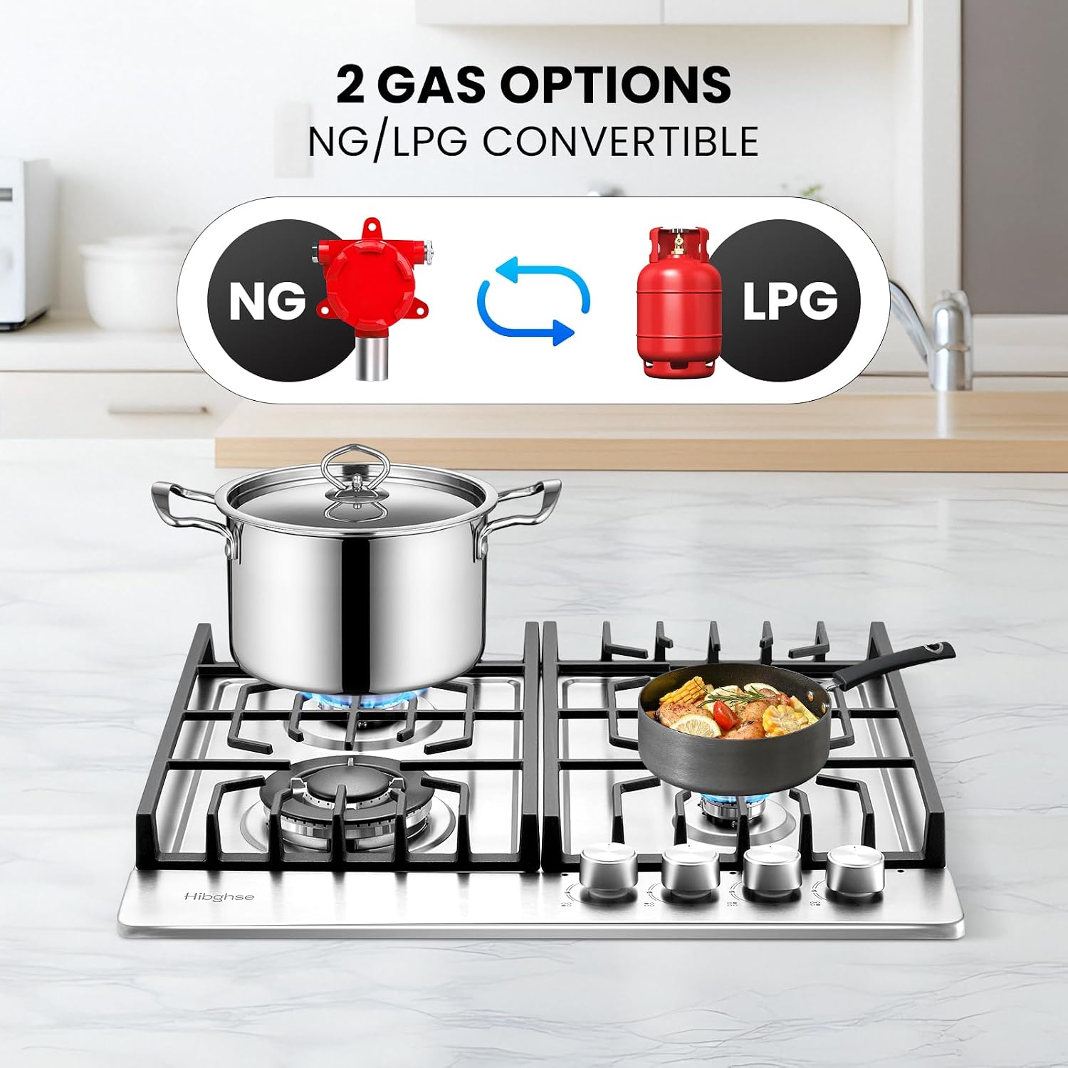 24 Inch Built-in Gas Cooktop with 4 Burner, Stainless Steel Gas Stove Top NG/LPG Convertible Propane Cooktops, Flame Out Protection