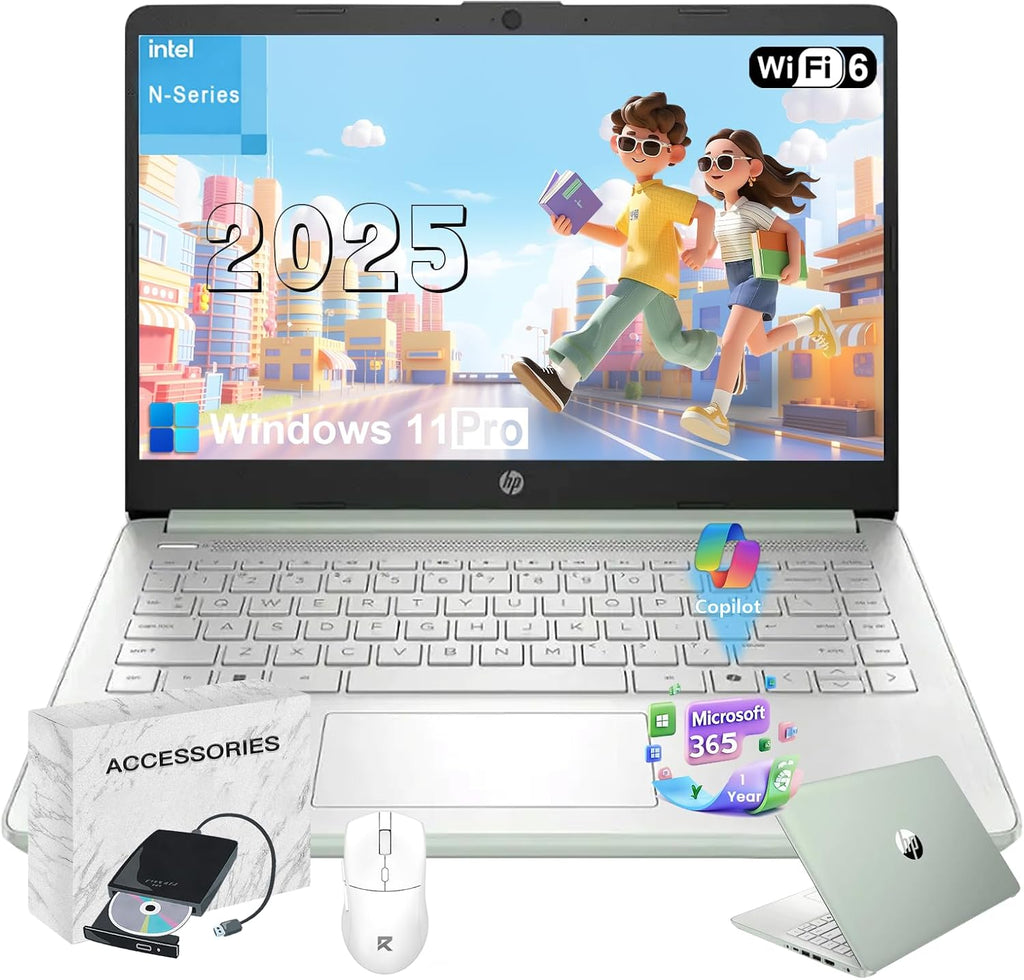 HP 2025 14' Everyday Laptop for Student & Business - 16GB RAM, 128GB UFS & 256GB SD Card • Intel Quad-Core N150 Processor • Ai Copilot • Win11 Pro • 1 Year Office 365 • w/Accessories (Green)