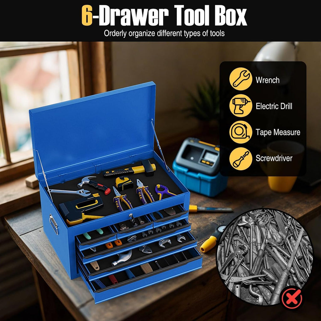 ERGOMASTER Steel Tool Box, 24'' Metal Tool Box with 6 Drawers, Lockable Heavy Duty Tool Chest Cabinet Storage Toolbox for Garage, Workshop, Repair Shop (Blue-6 Drawers)
