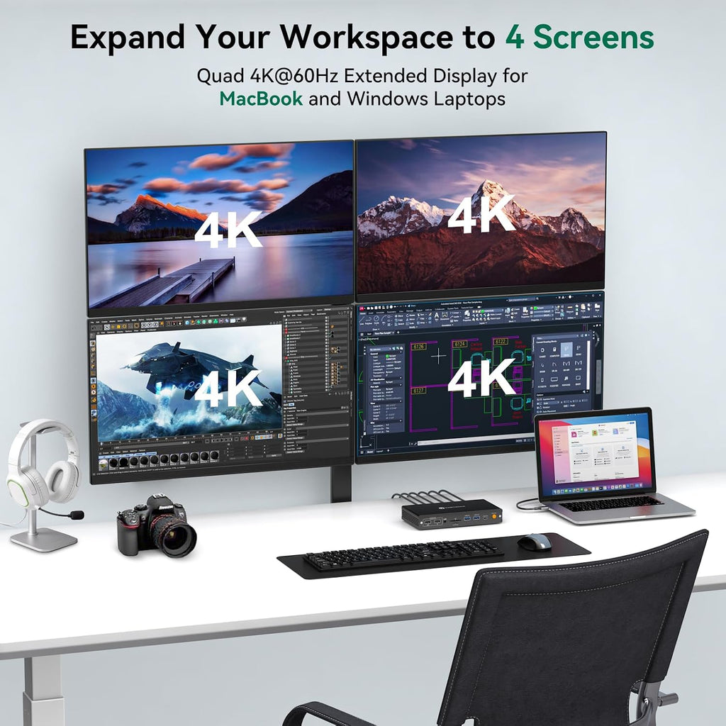 DisplayLink Docking Station 4 Monitor, Quad HDMI 4K@60Hz, PD 100W, USB 3.2 10 Gbps, 15 in 1 Multi-Monitor Dock for Thunderbolt 5/4/3, USB4, USB-C Windows, MacBook