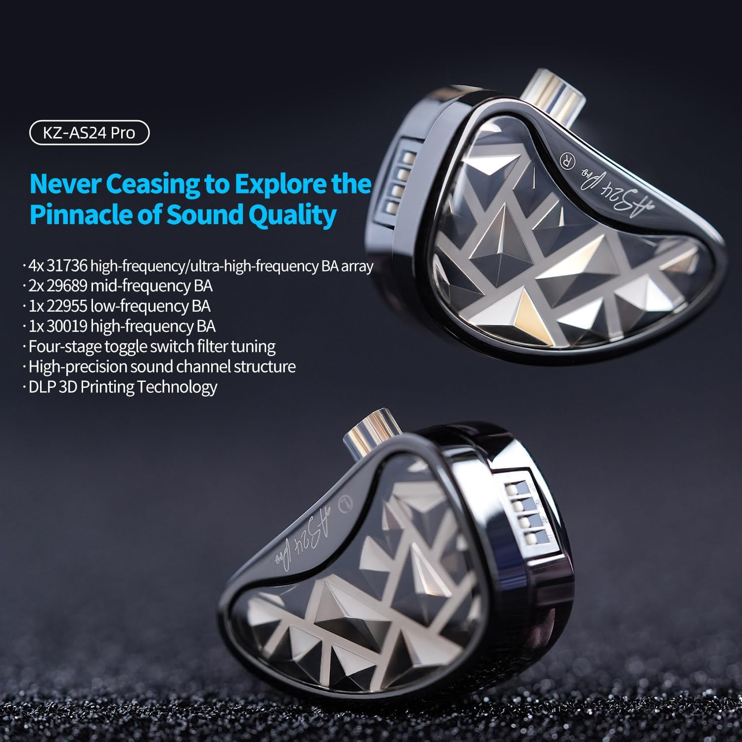 KZ AS24 Pro in-Ear Monitor Headphone, 24BA Drivers High-Performance IEM with 8 Tuning Switches, HiFi Bass Noise Isolation Earbuds Clarity in All Frequency Comfortable Earphones (MIC)