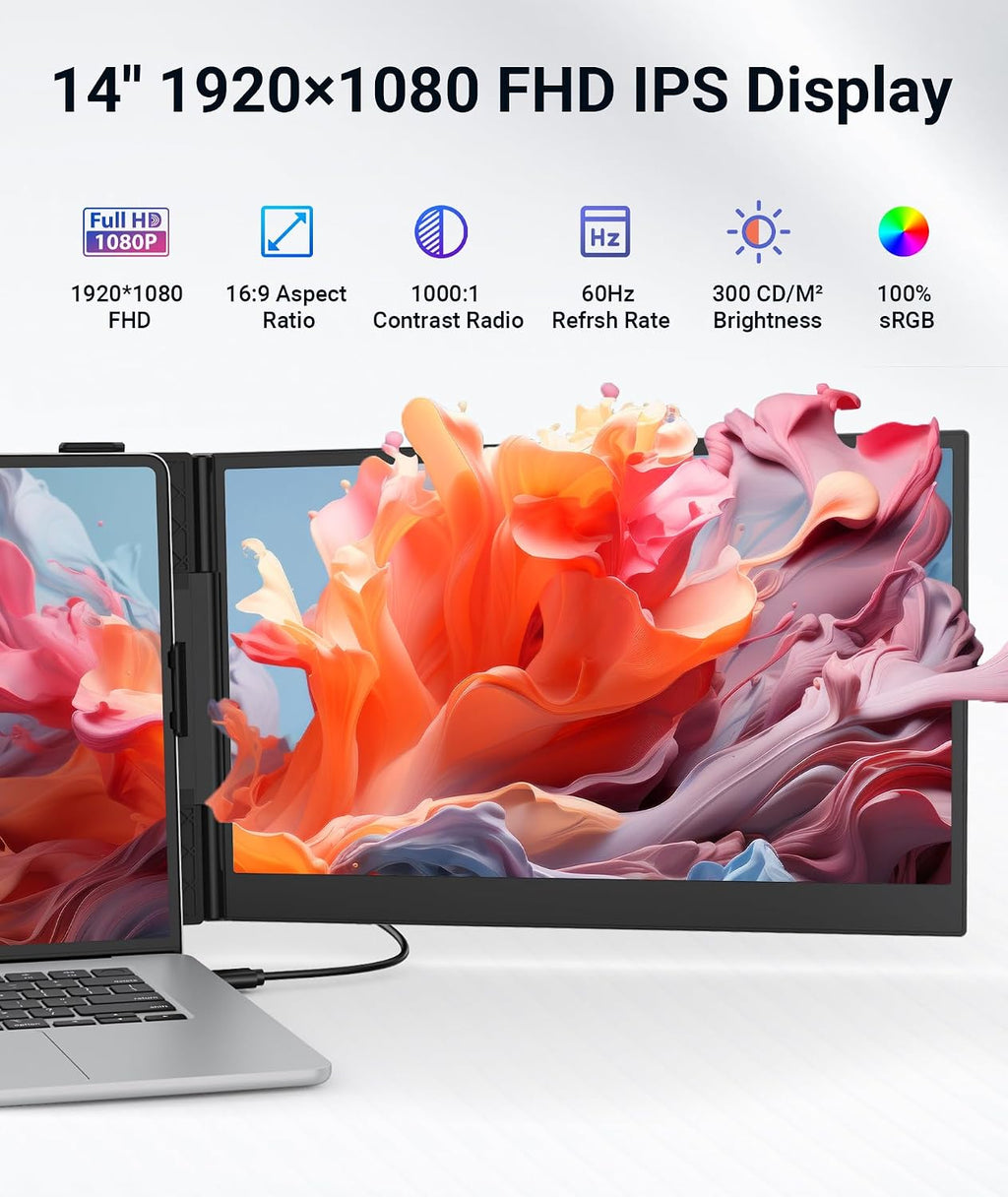 Laptop Screen Extender, Ultra Thin 14' 1080P FHD Triple Portable Monitor for Laptops 13-17.3', 2.2lbs Lightweight Travel Dual Monitor Extender, Plug-Play Aluminum Extended for Mac/Windows/PS5/Chrome