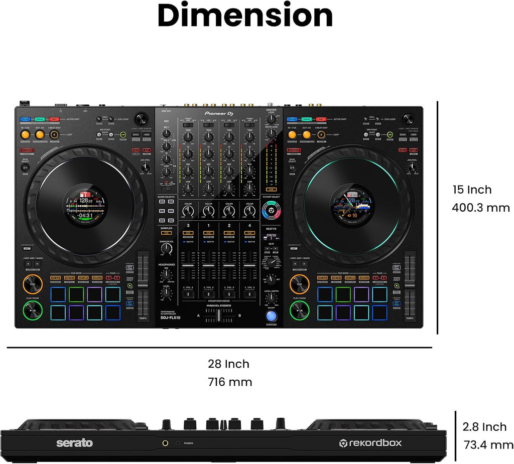 Pioneer DJ DDJ-FLX10 4-Channel Professional DJ Controller - Black Bundle with Gearlux Headphones, DMX Cable, and Austin Bazaar Polishing Cloth