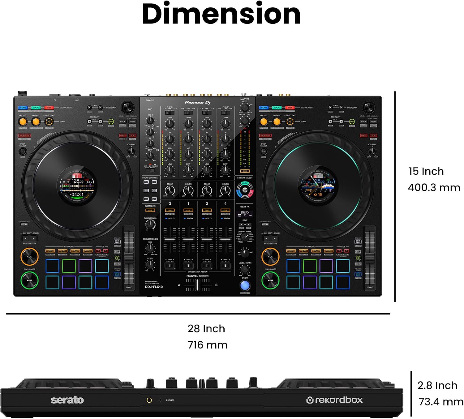 Pioneer DJ DDJ-FLX10 4-Channel Professional DJ Controller - Black Bundle with Gearlux Headphones, DMX Cable, and Austin Bazaar Polishing Cloth