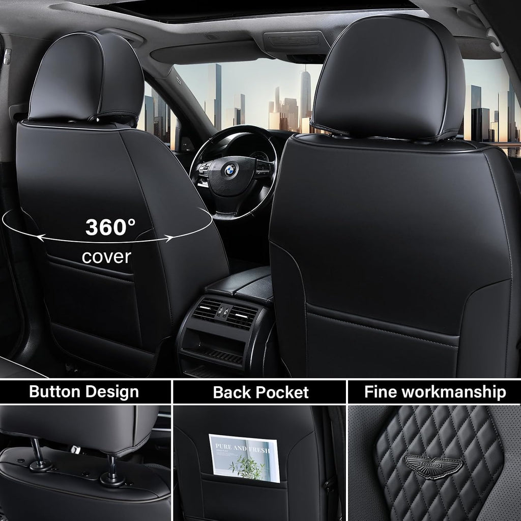 Coverado Seat Covers, Car Seat Covers Full Set, Black Car Seat Cover, Car Seat Covers Front Seats Back Seat Cover, Waterproof Car Seat Cushion, Leather Seat Covers Seat Protector Fit for Most Cars