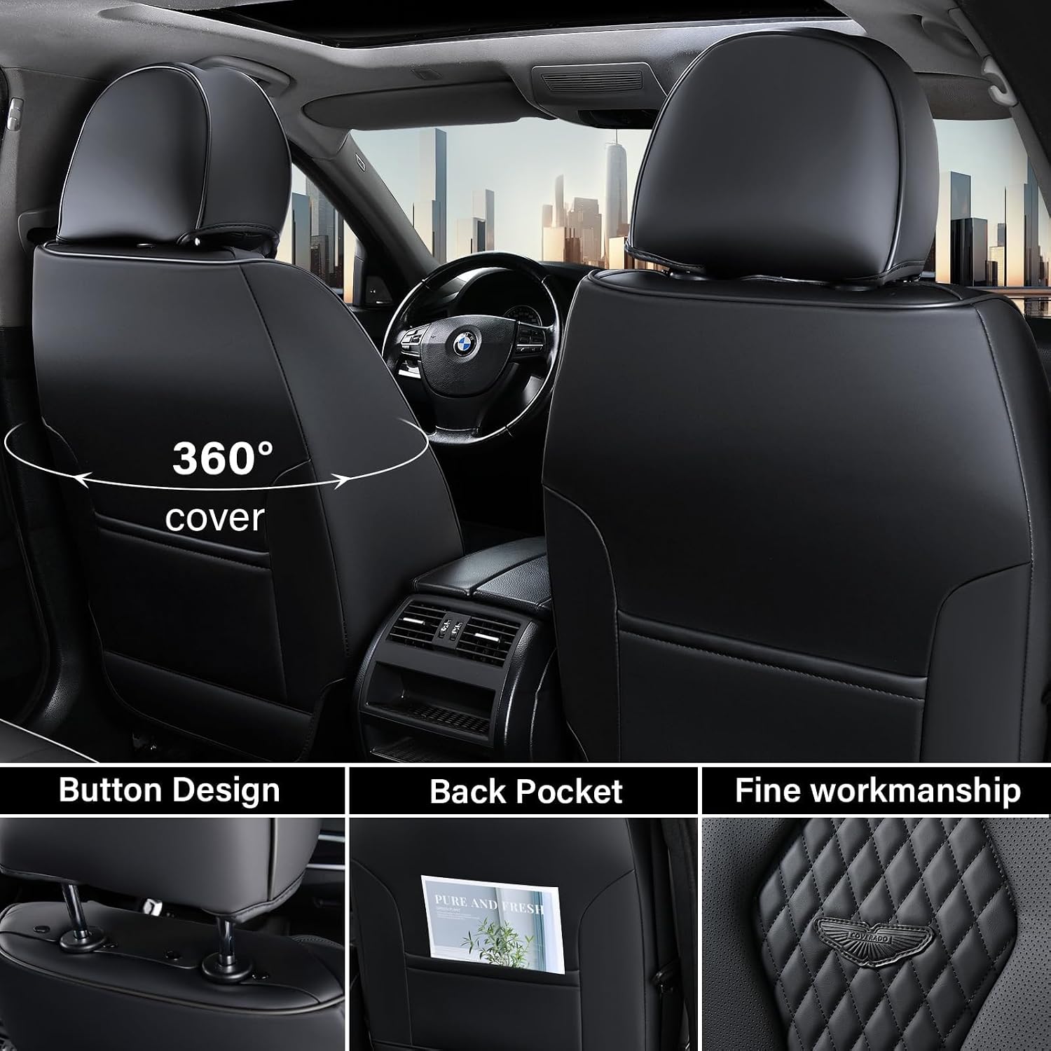 Coverado Seat Covers, Car Seat Covers Full Set, Black Car Seat Cover, Car Seat Covers Front Seats Back Seat Cover, Waterproof Car Seat Cushion, Leather Seat Covers Seat Protector Fit for Most Cars