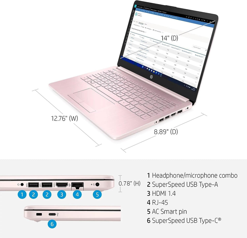 HP Stream 14' HD Laptop, Intel Celeron Quad-Core Processor, 4GB DDR4 RAM, 64GB eMMC, WiFi, Bluetooth, HDMI, RJ-45, Webcam, USB Type-A&C, Win 11, Pink (Renewed)