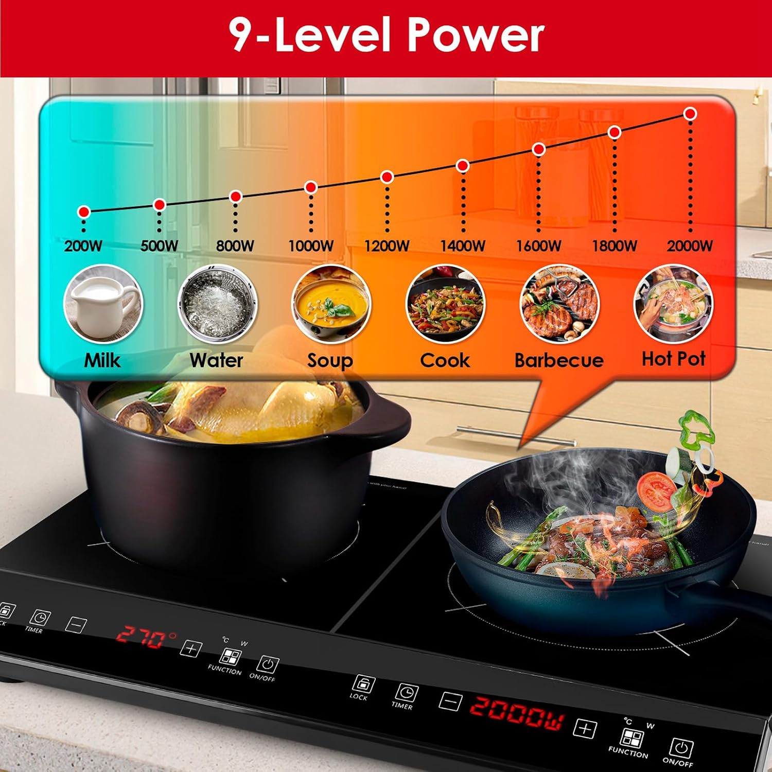 Double Induction Cooktop, 4000W Hot Plate Electric Stove for Countertop Portable 2 Burner Induction Cooktop with 9 Levels Settings, Child Safety Lock & Timer