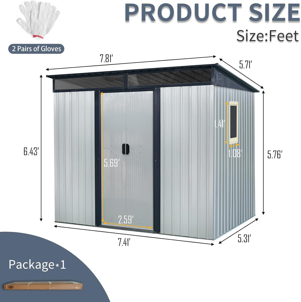 6x8 FT Outdoor Storage Shed, Metal Garden Shed with Frame Floor, Outside Tool Shed with Window, Waterproof Storage Building with Lockable Doors & Sloped Roof for Backyard, Patio, Lawn, White+Black