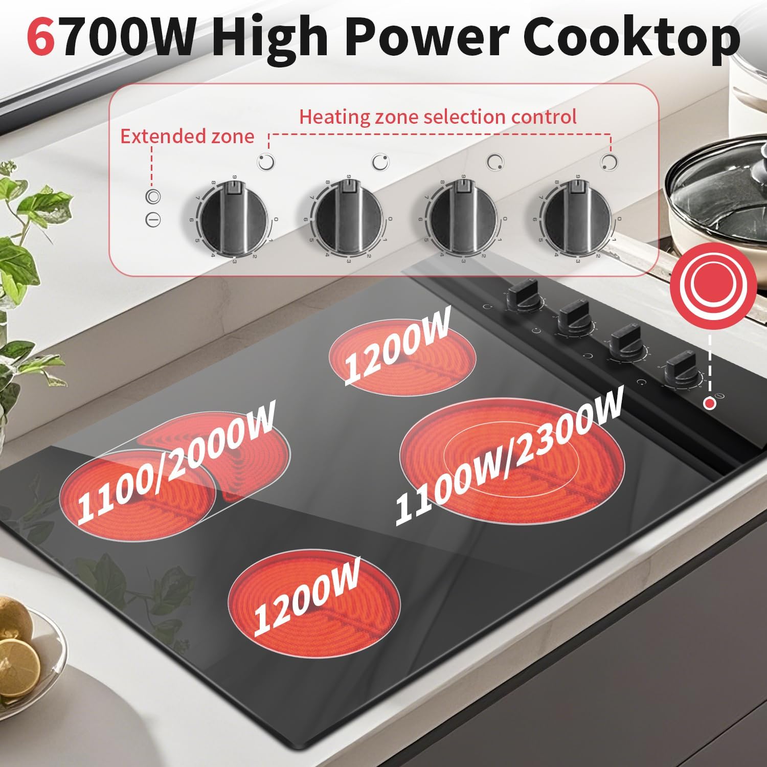 Noxton 4 Burner Electric Cooktop 30 Inch, Knob Control Ceramic Cooktop, 30' Radiant Electric Stove Top with Extended Zone, Hot Surface Indicator,9 Power Levels, 32Amps 220-240v Hard Wire(No Plug)
