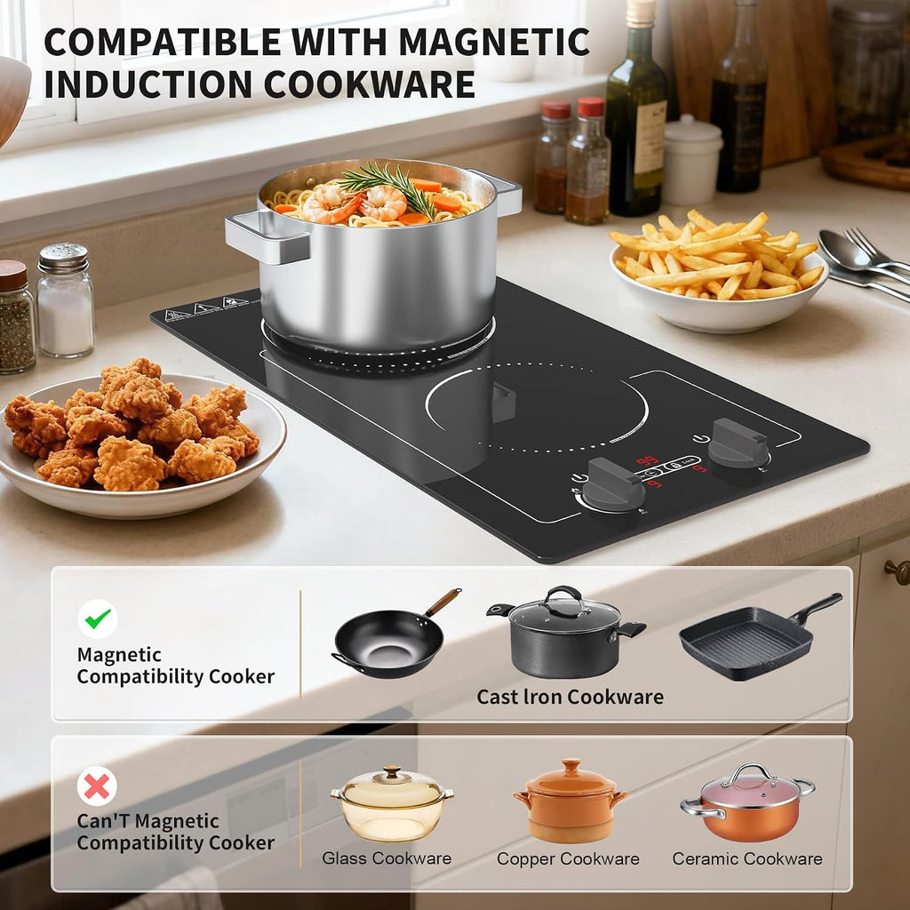 GIHETKUT Double Induction Cooktop, 110V 2300W hot plate with LED Touch Screen, 9 Power Levels, Kids Lock & Timer, Overheat Protection, knob and touch control 2 burner Induction cooktop