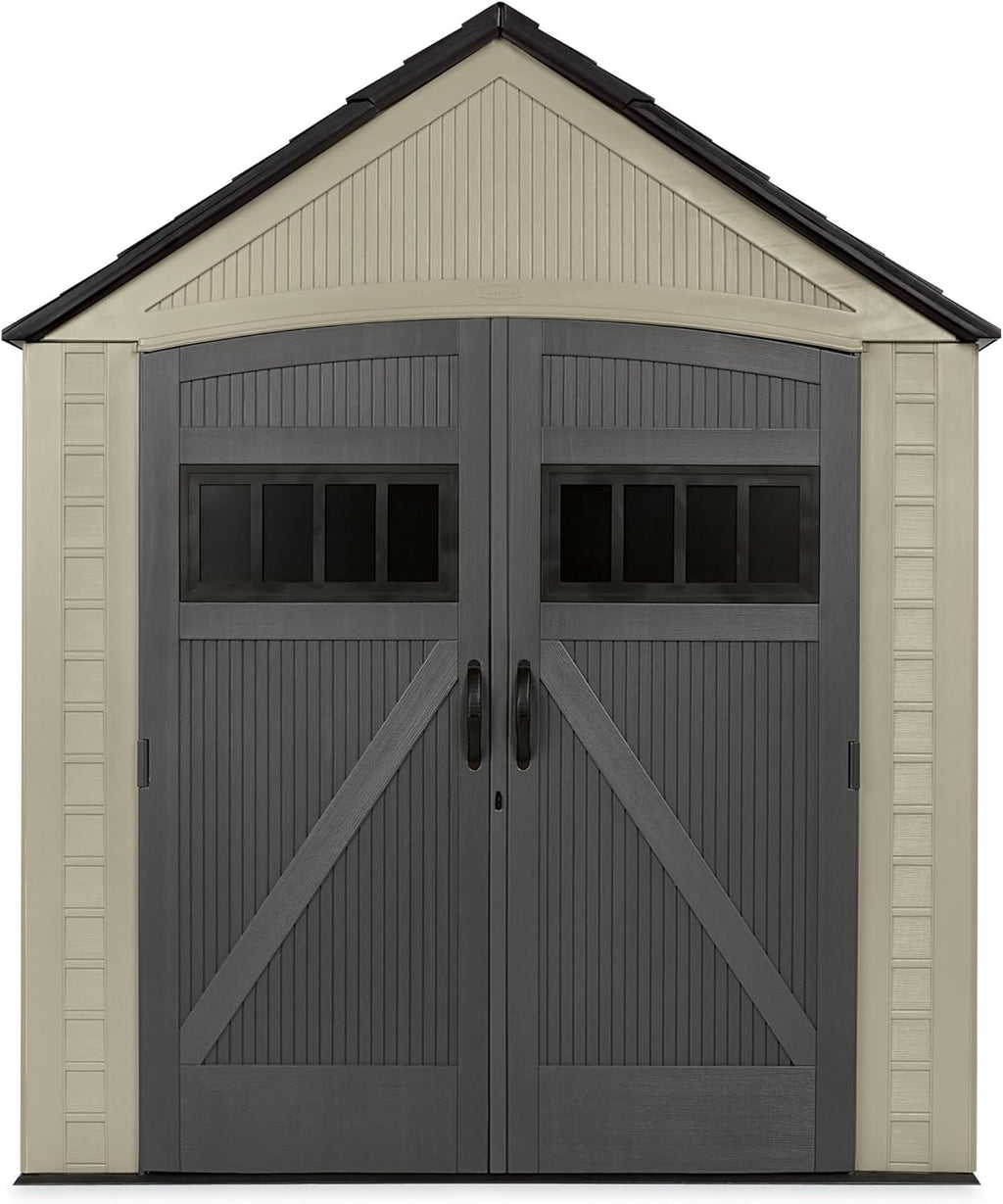 Rubbermaid Resin Outdoor Storage Shed with Floor (7 x 7 Ft) Weather Resistant, Brown Gable, Organization for Home/Backyard/Garden Tools/Lawn Mower/Bike Storage/Pool Supplies