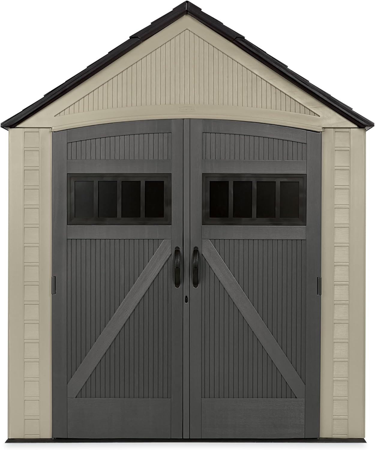 Rubbermaid Resin Outdoor Storage Shed with Floor (7 x 7 Ft) Weather Resistant, Brown Gable, Organization for Home/Backyard/Garden Tools/Lawn Mower/Bike Storage/Pool Supplies