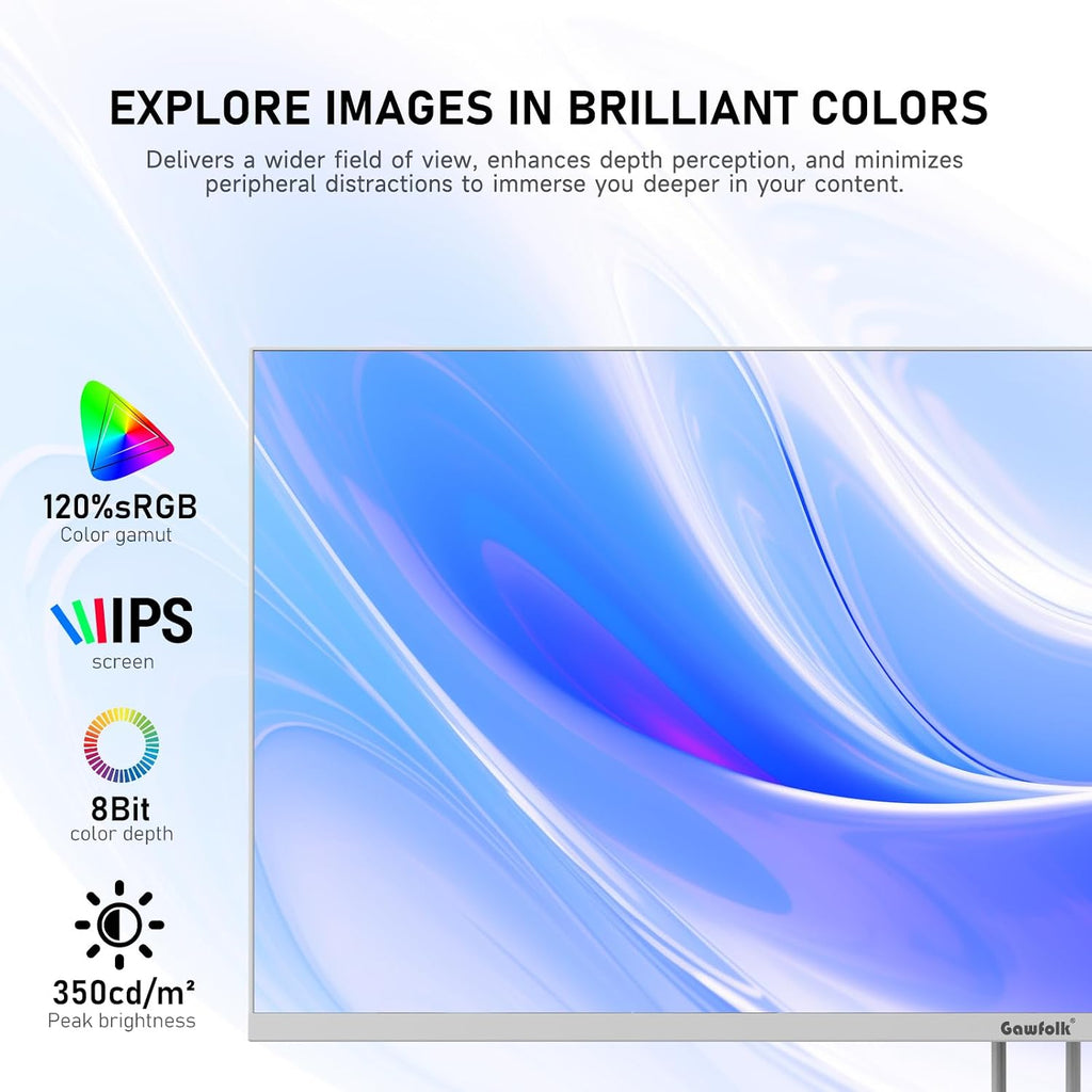 Gawfolk 34 Inch IPS Ultrawide 120Hz Gaming Computer Monitor, 21:9 UWFHD (2560x1080) PC Screen, 120% sRGB, Adaptive Sync, 178° Viewing Angle, Display Port, HDMI, Compatible with Wall mounting - White