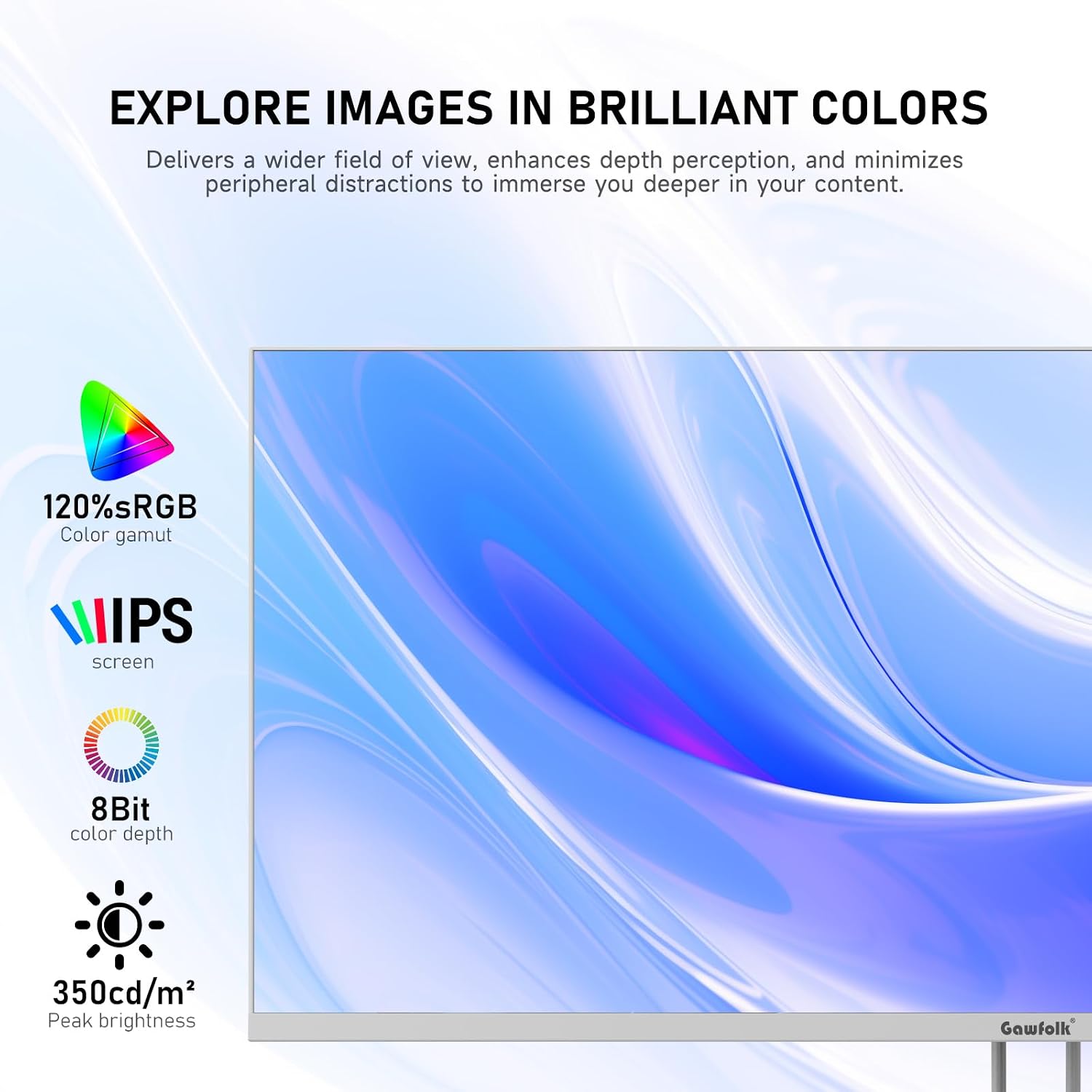 Gawfolk 34 Inch IPS Ultrawide 120Hz Gaming Computer Monitor, 21:9 UWFHD (2560x1080) PC Screen, 120% sRGB, Adaptive Sync, 178° Viewing Angle, Display Port, HDMI, Compatible with Wall mounting - White
