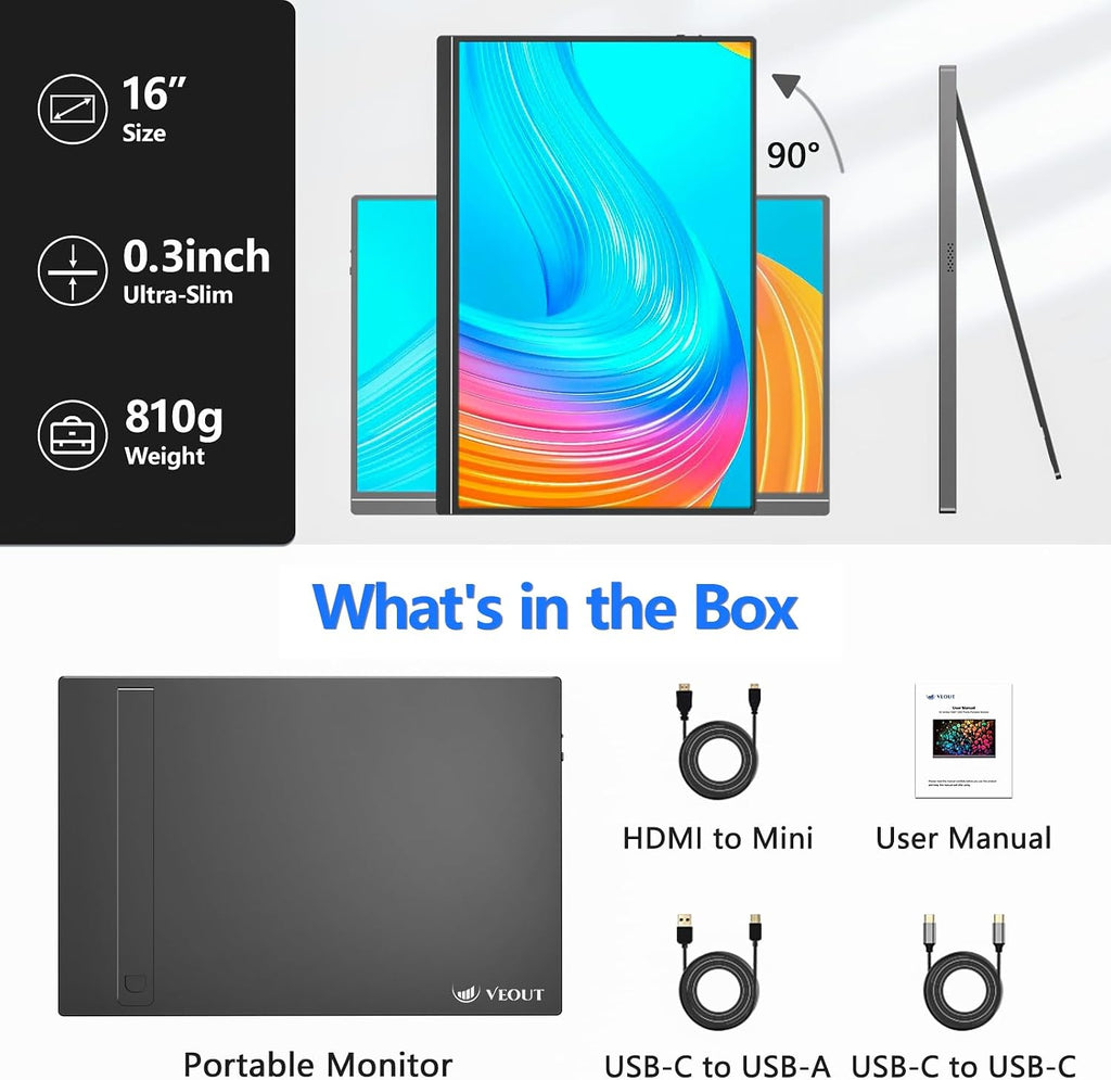 Veout 16' 1920×1200P IPS Portable Monitor for Laptop, Side/Vertical Monitor with Stand, USB-C & Mini HDMI, Second Screen for PC, MacBook, Phone & iPad, 4 Colors for Travel & Office