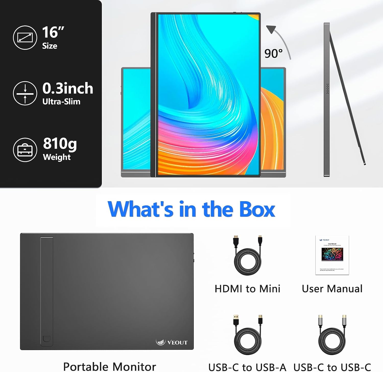 Veout 16' 1920×1200P IPS Portable Monitor for Laptop, Side/Vertical Monitor with Stand, USB-C & Mini HDMI, Second Screen for PC, MacBook, Phone & iPad, 4 Colors for Travel & Office