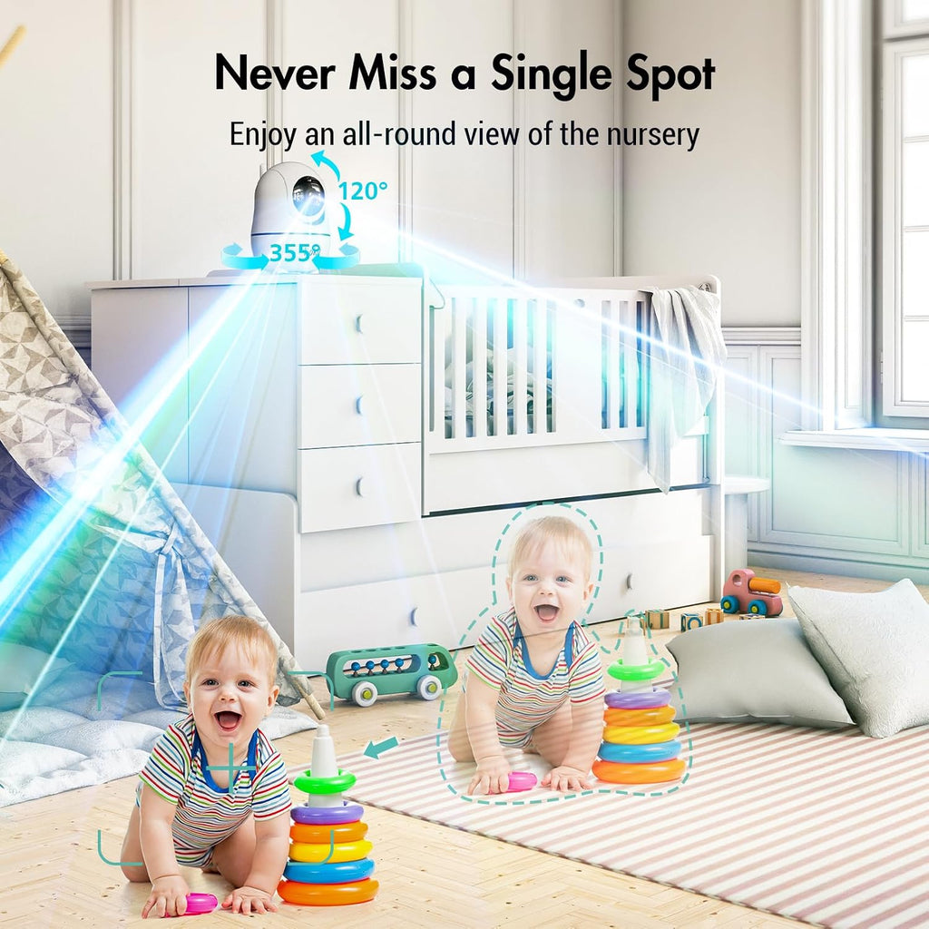 7' 1080P Full HD Dual Camera Baby Monitor 100-Hour Battery Pan-Tilt 355°/120° & 4X Zoom Night Vision & VOX 2-Way Talk & Lullabies Data Protection 2.4GHz Wi-Fi Only