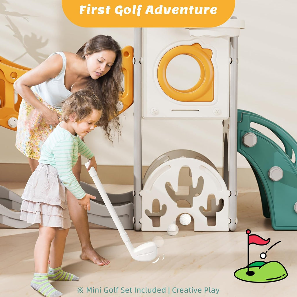 KORIMEFA 10 in 1 Toddler Slide Set, Kids Slide for Toddlers, Outdoor Indoor Playground for Toddlers 1-3, Toddler PlaySet with Basketball Hoop and Ball Golf Set, Climbing Arch(Yellow & Green)