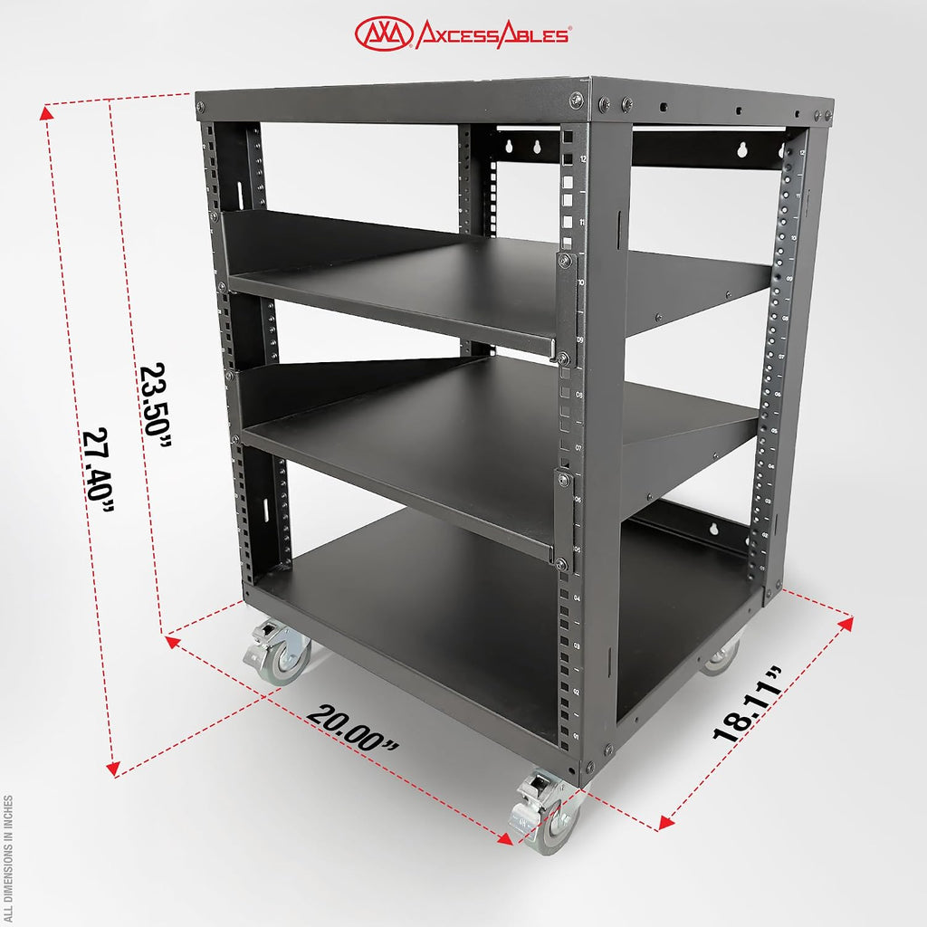 AxcessAbles 12U Open Frame Network & AV Rack with Caster Wheels, Two 2U Shelves, 10-32 & Cage Nut Compatible Rails, Cage Nuts, Screws, Cage Nut Tool & Wall Mount Kit | 19-Inch Rack