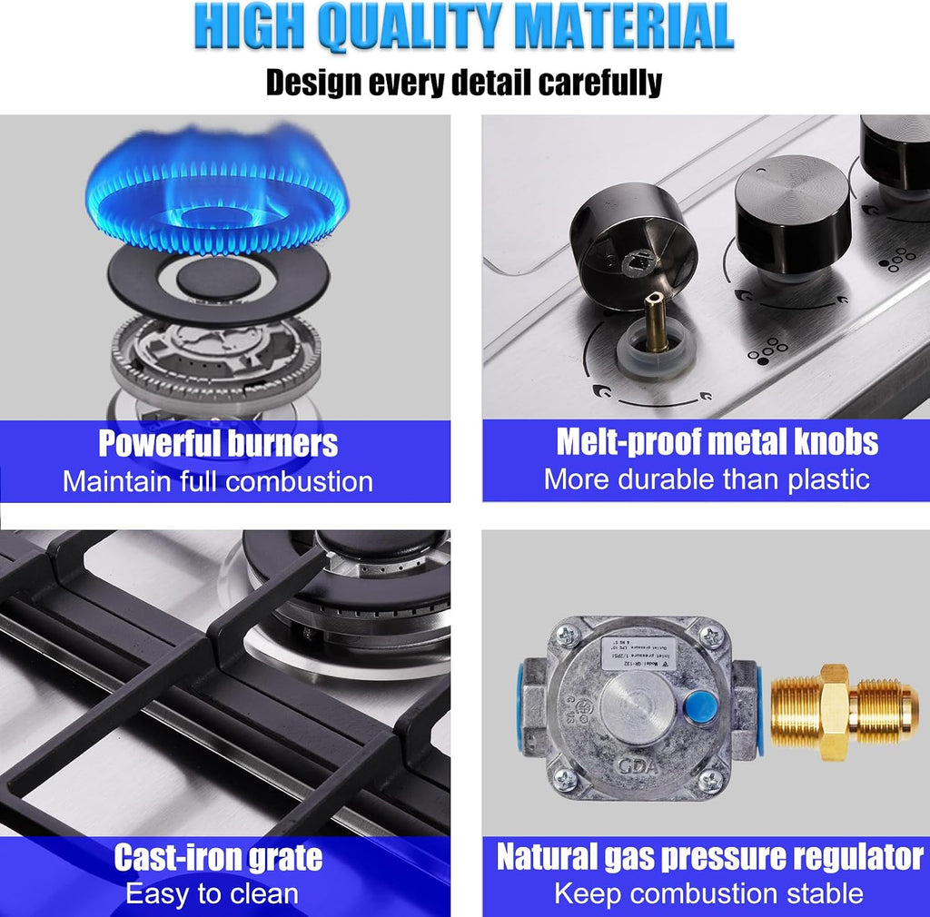 Hothit 5 Burner 30 inch Gas Cooktop, LPG/NG Dual Fuel Built-in Electronic Ignition Propane Stove Top with Pressure Regulator, Stainless Steel Gas Hob for Kitchen, Apartment, Outdoor(AHT30IN30S)
