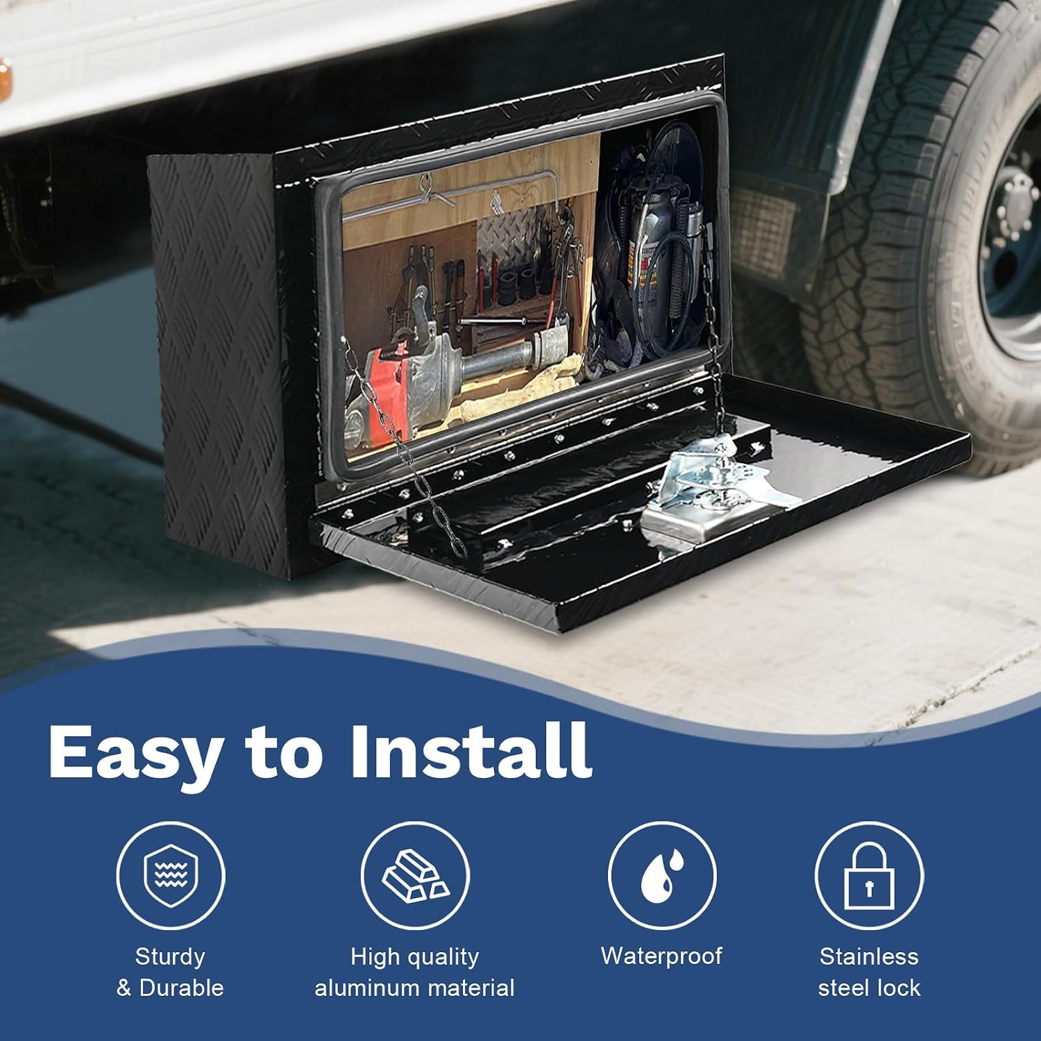 SSN 18'' Heavy Duty Aluminum Underbody Truck Box with T-Handle Latch,18 x 12 x 14 Inch Truck Trailer Underbed Tool Box with 5 Bar Tread Black for Storage and Organization.